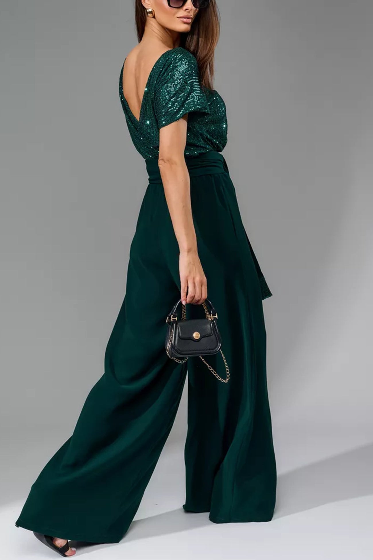 Sequin Patchwork Short Sleeve High Waist Jumpsuits Sets