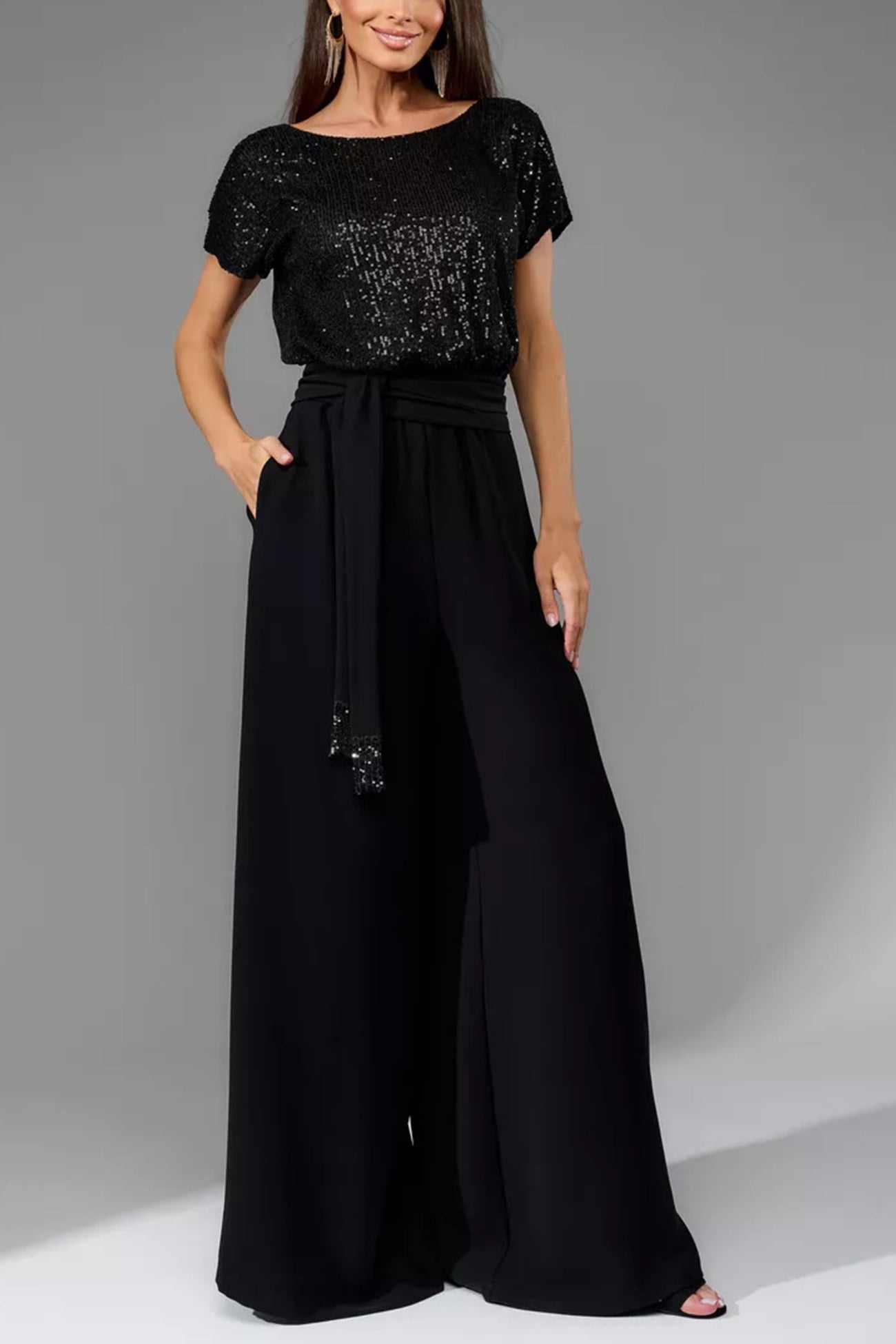 Sequin Patchwork Short Sleeve High Waist Jumpsuits Sets