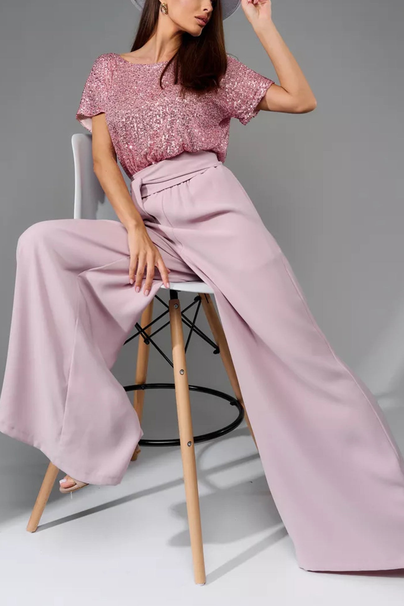 Sequin Patchwork Short Sleeve High Waist Jumpsuits Sets