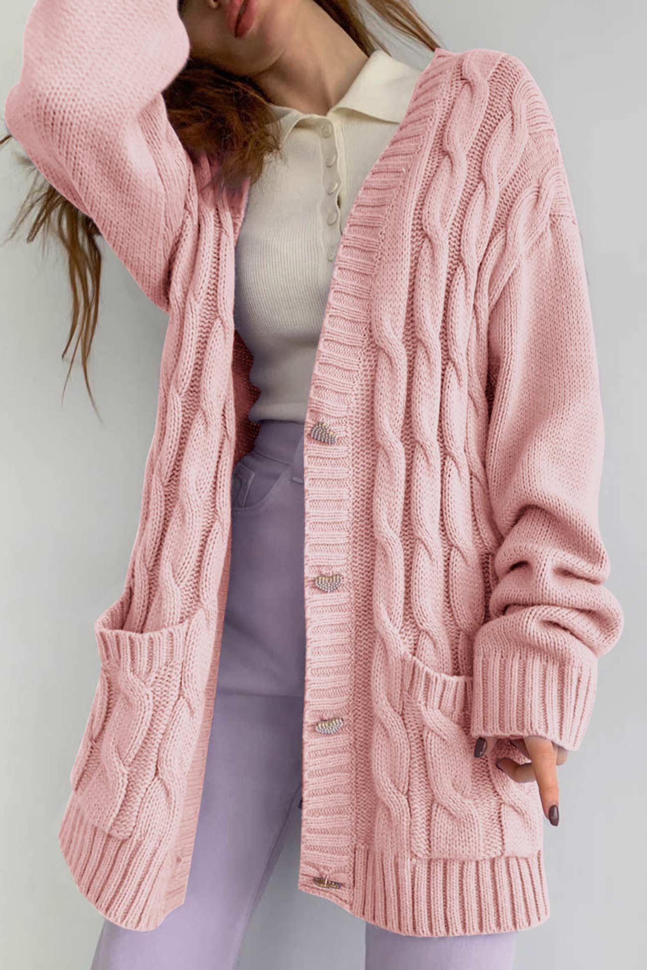 Solid Single Breasted Cable Knit Cardigan