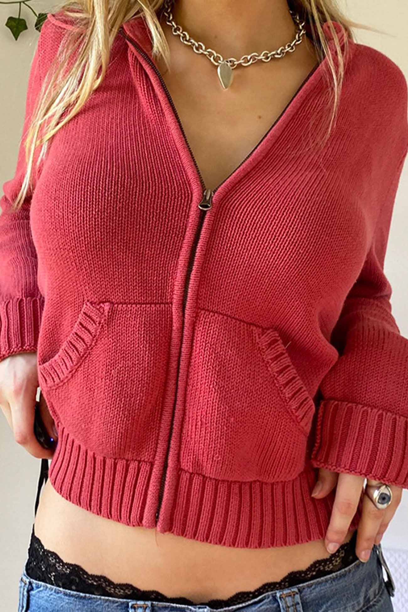 Solid Color Hooded Pocket Zip Up Cardigan