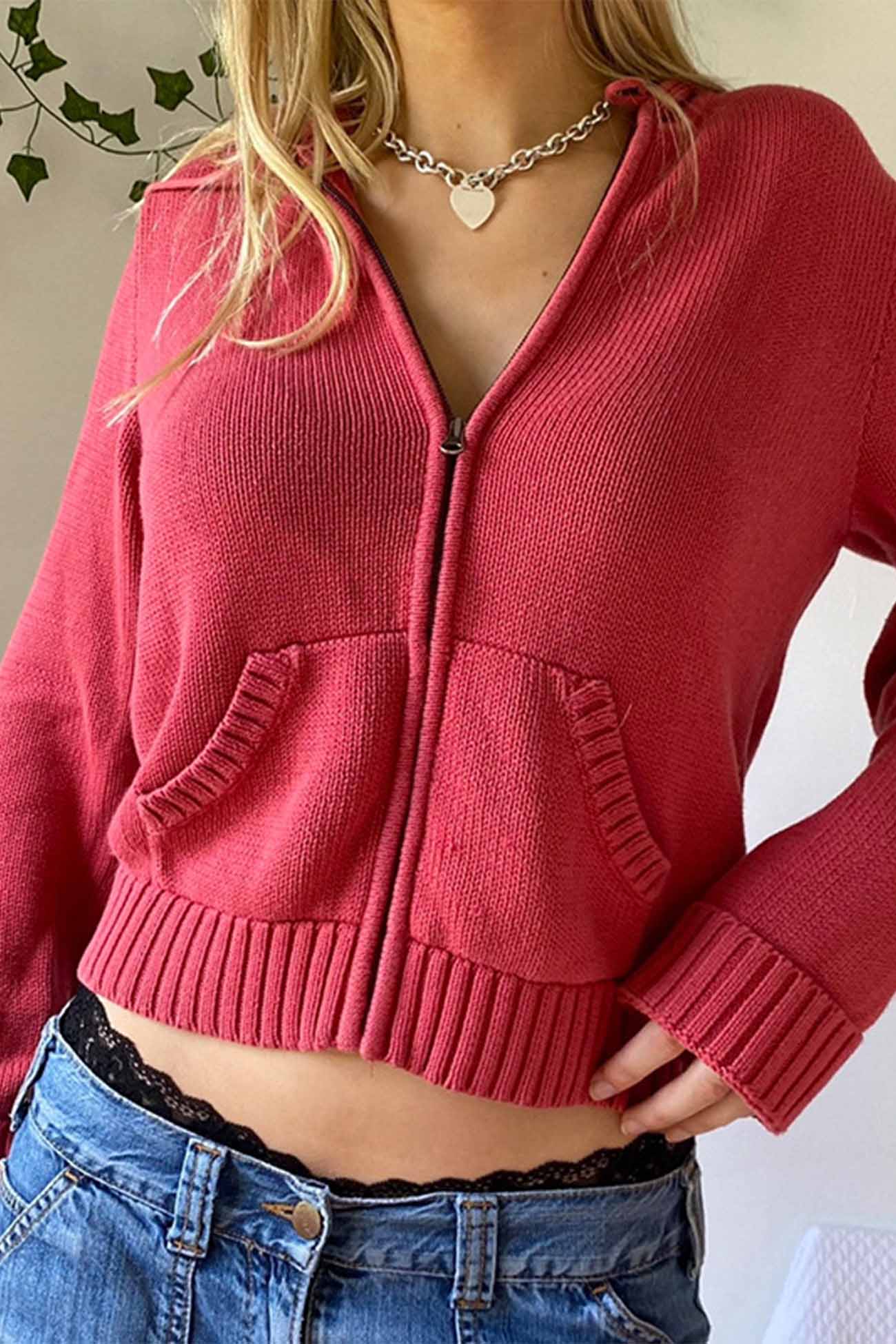 Solid Color Hooded Pocket Zip Up Cardigan