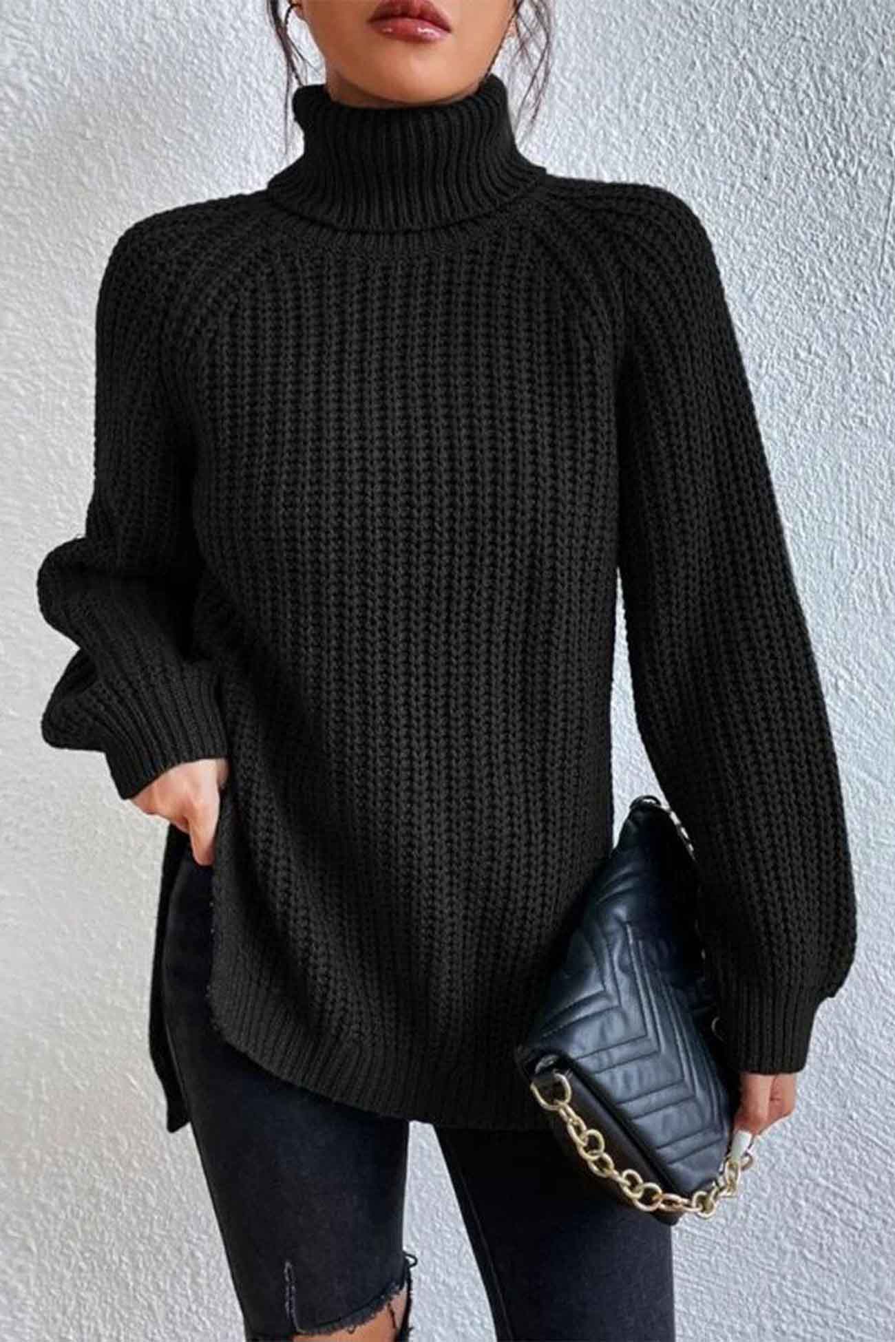 Raglan Sleeve Turtleneck Slit Mid Length Sweater