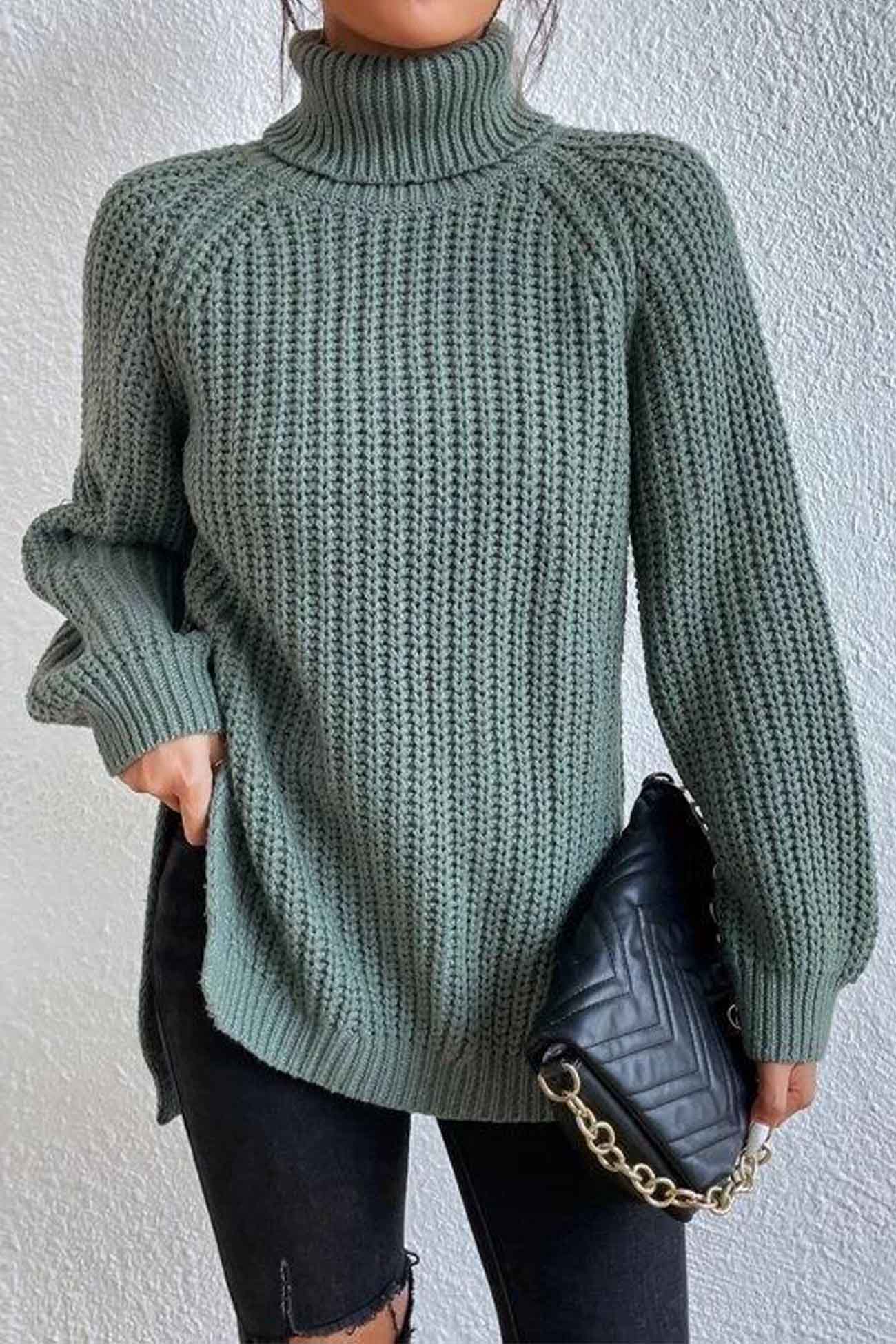 Raglan Sleeve Turtleneck Slit Mid Length Sweater
