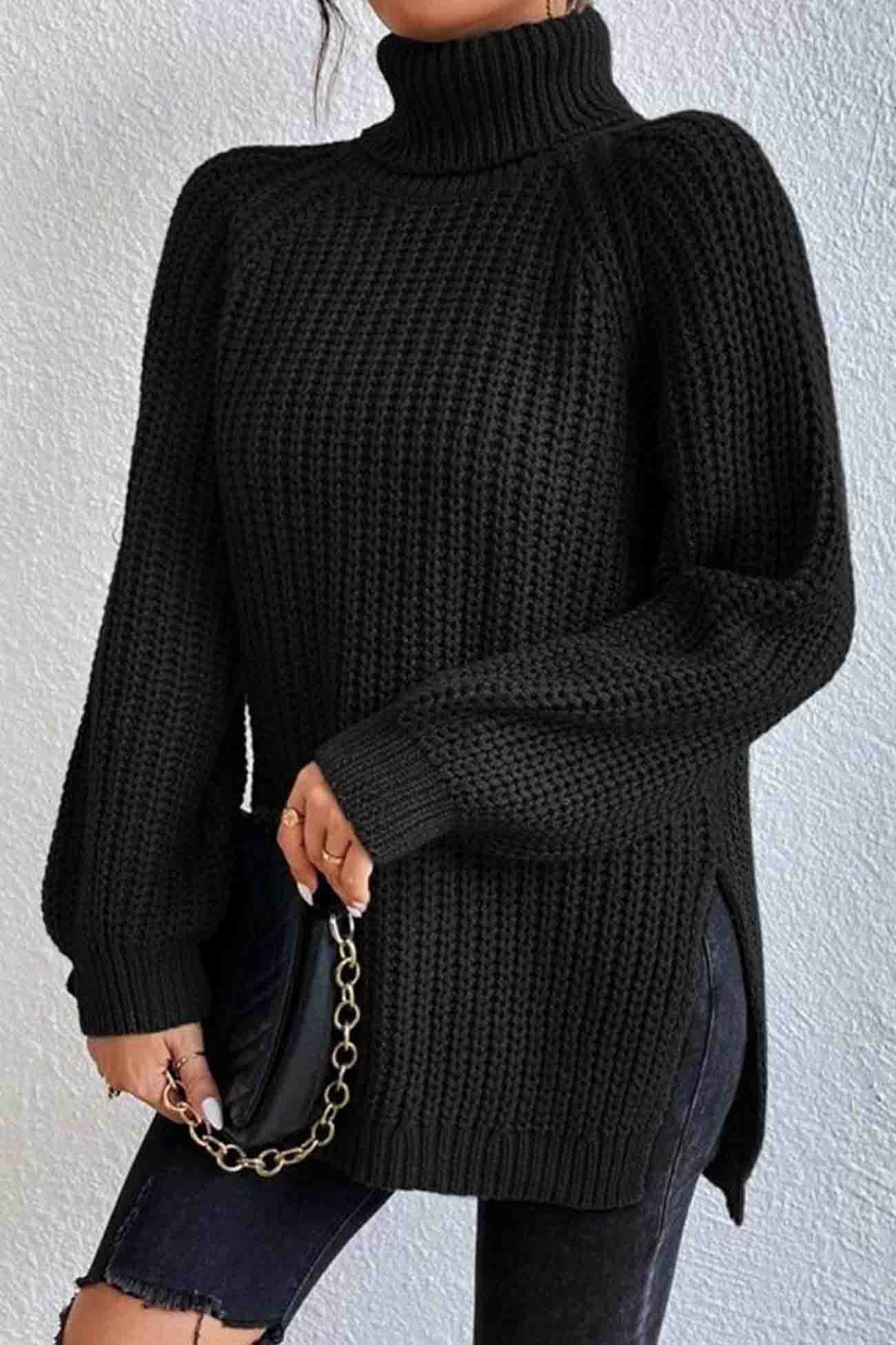 Raglan Sleeve Turtleneck Slit Mid Length Sweater
