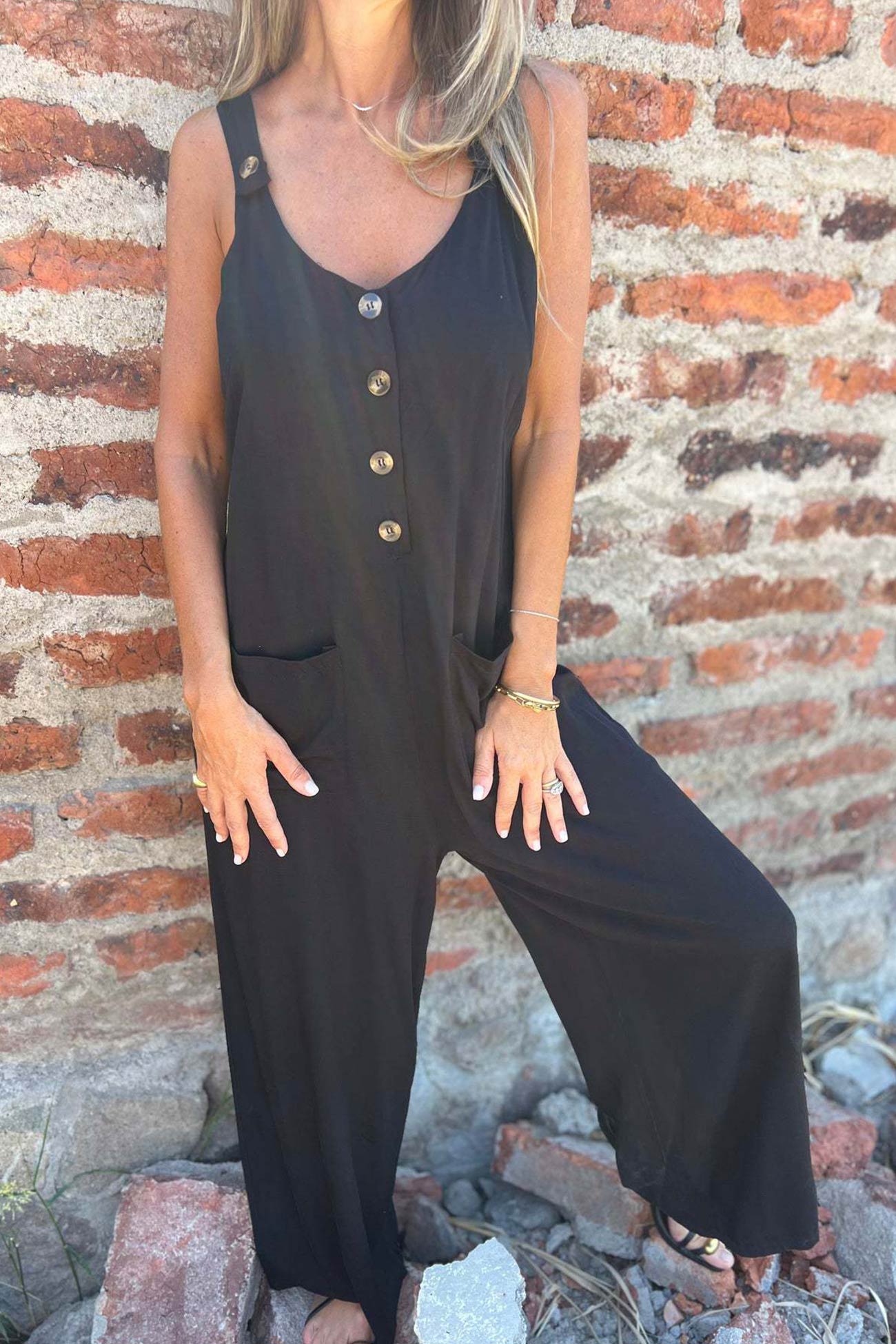 Button Closure Backless Loose Overalls Jumpsuit