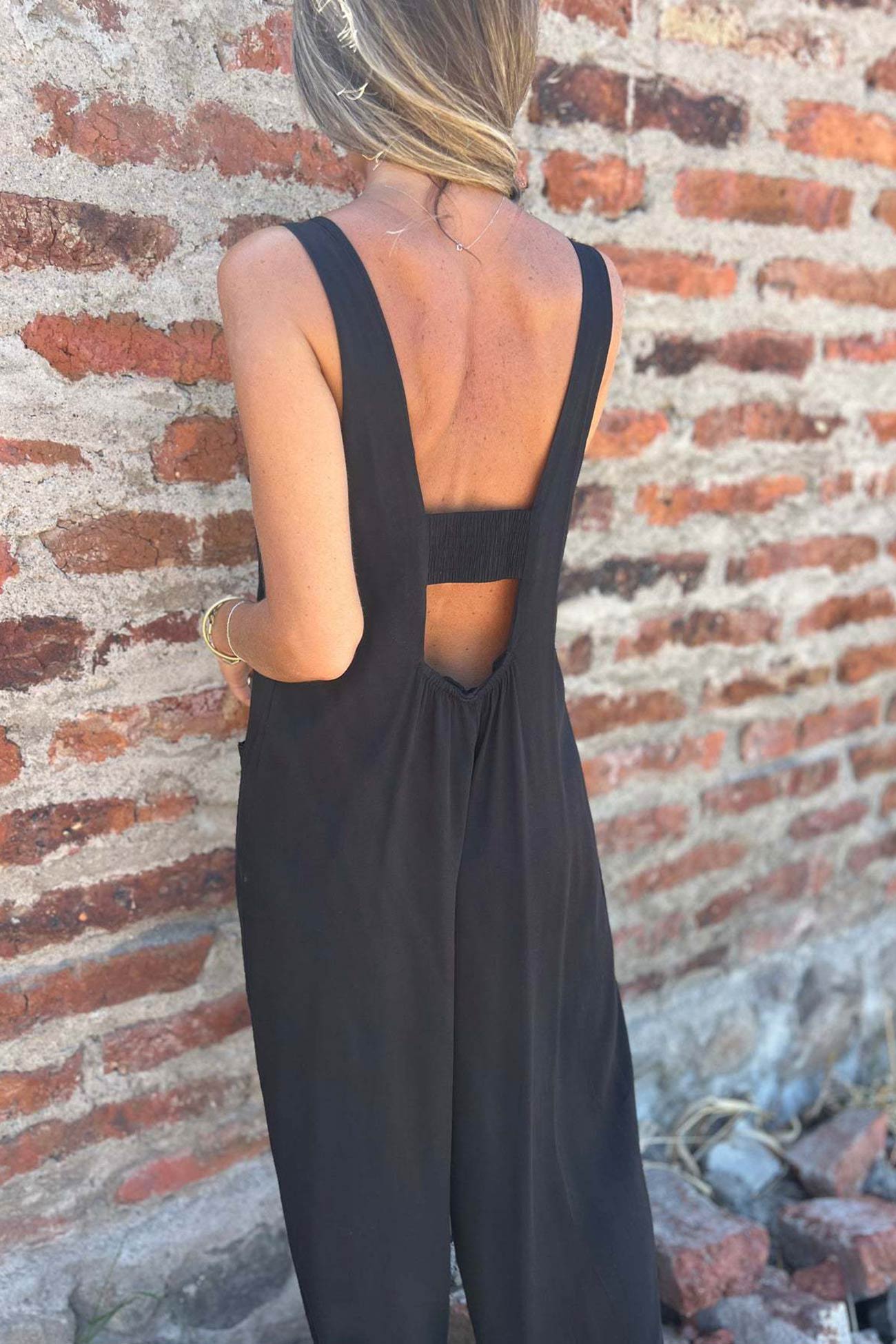 Button Closure Backless Loose Overalls Jumpsuit