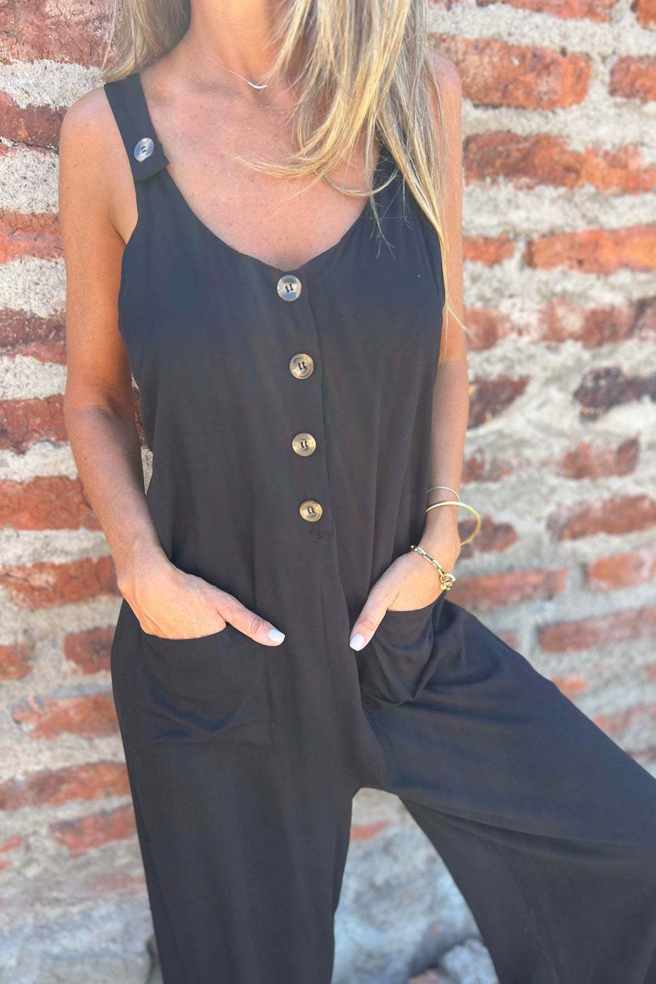 Button Closure Backless Loose Overalls Jumpsuit
