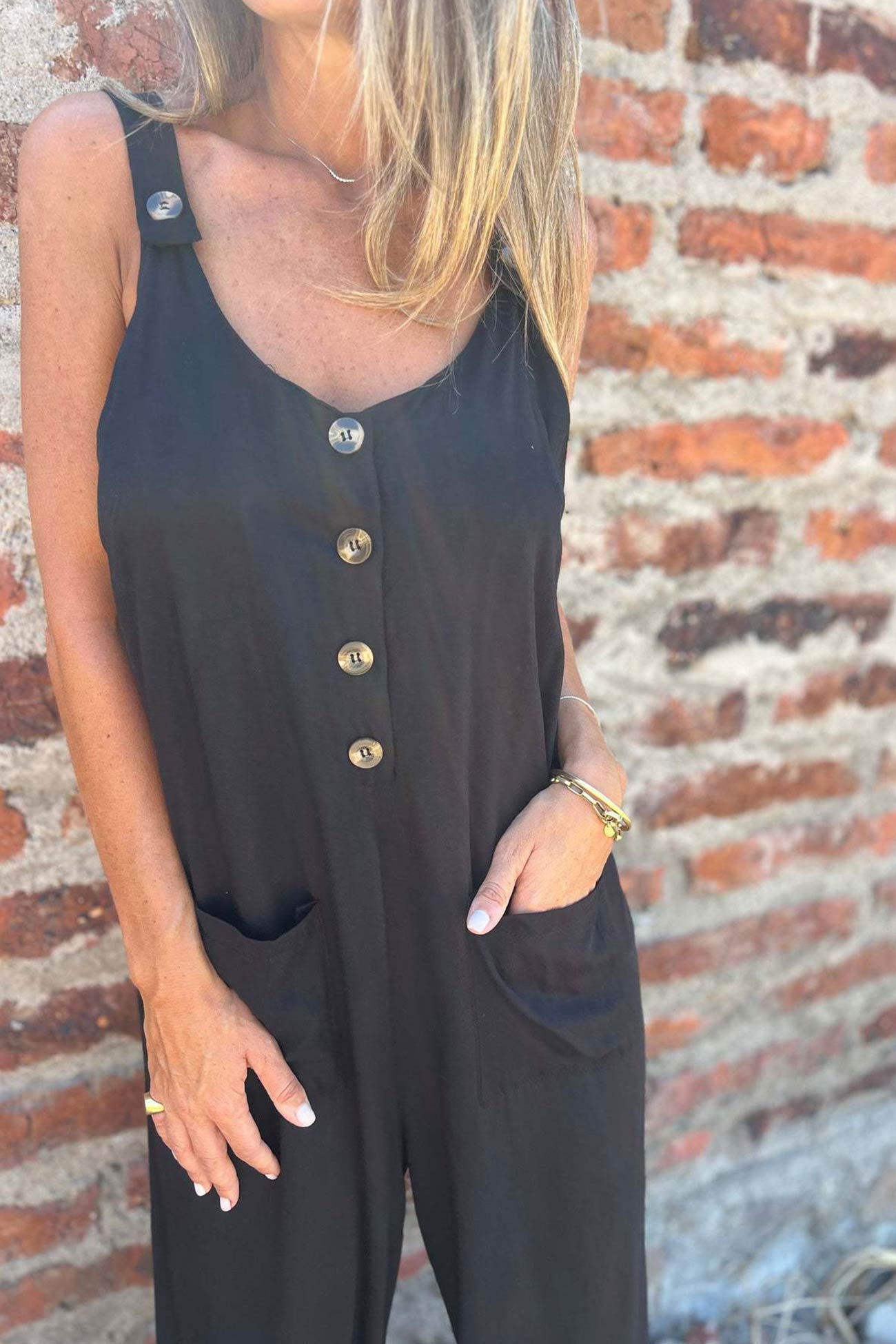 Button Closure Backless Loose Overalls Jumpsuit