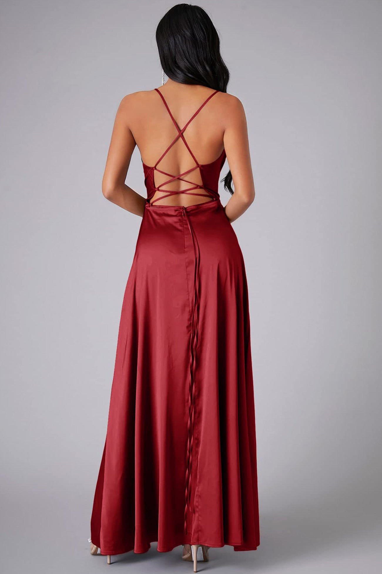 Satin Cowl Neck Tie Up Backless Slit Dress