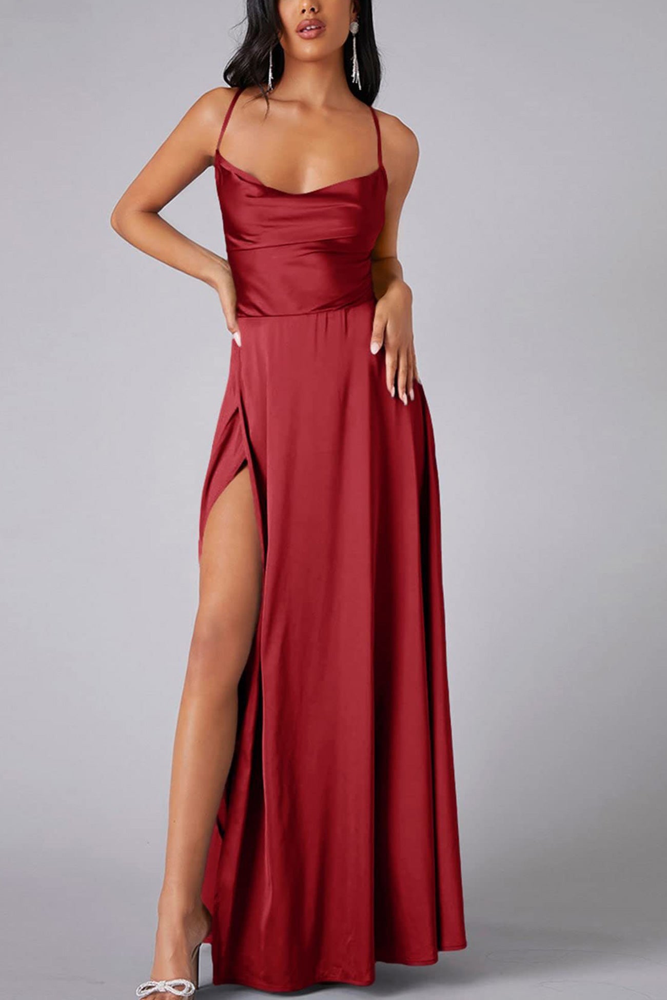 Satin Cowl Neck Tie Up Backless Slit Dress