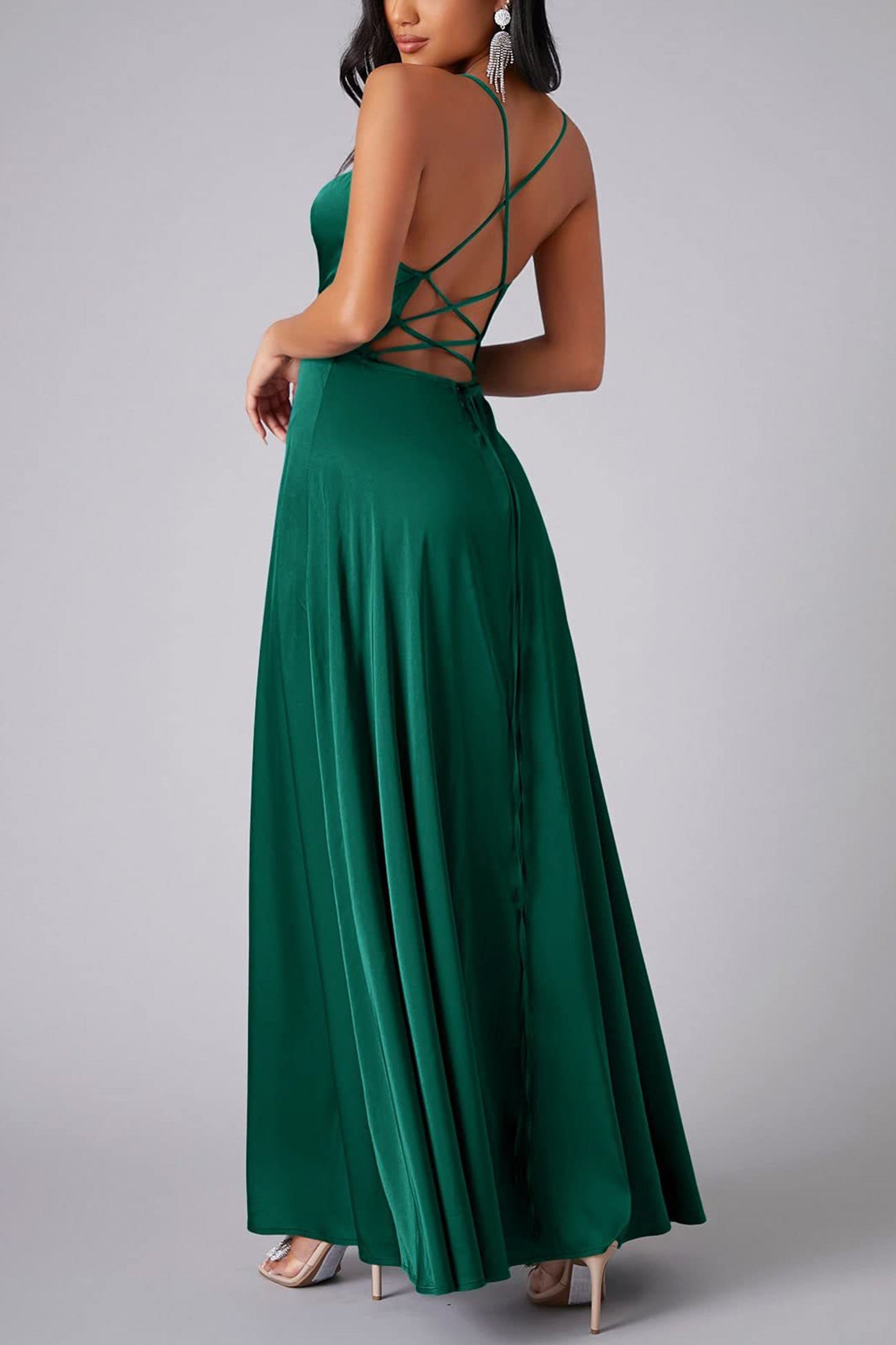 Satin Cowl Neck Tie Up Backless Slit Dress