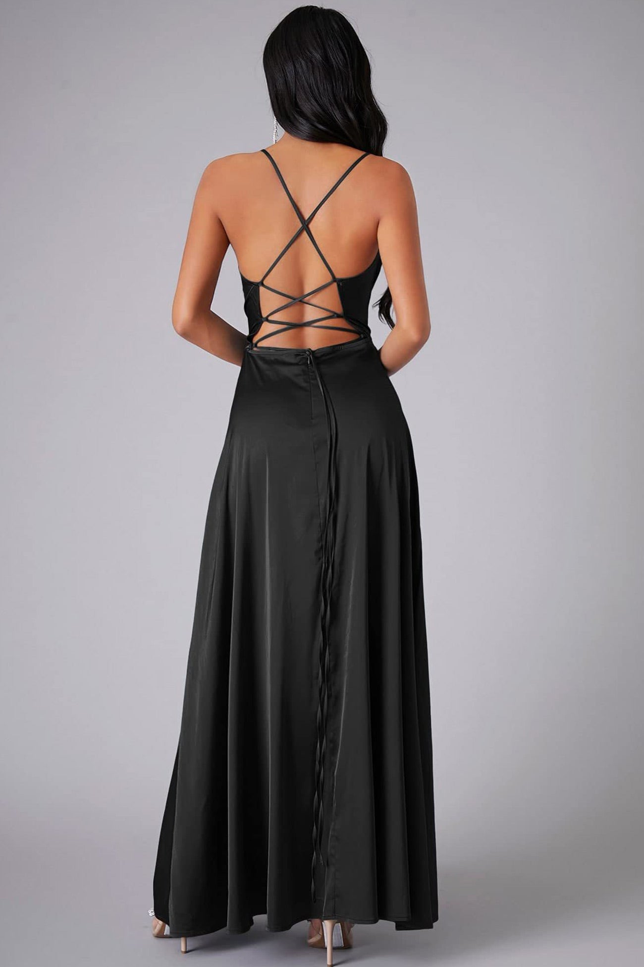 Satin Cowl Neck Tie Up Backless Slit Dress