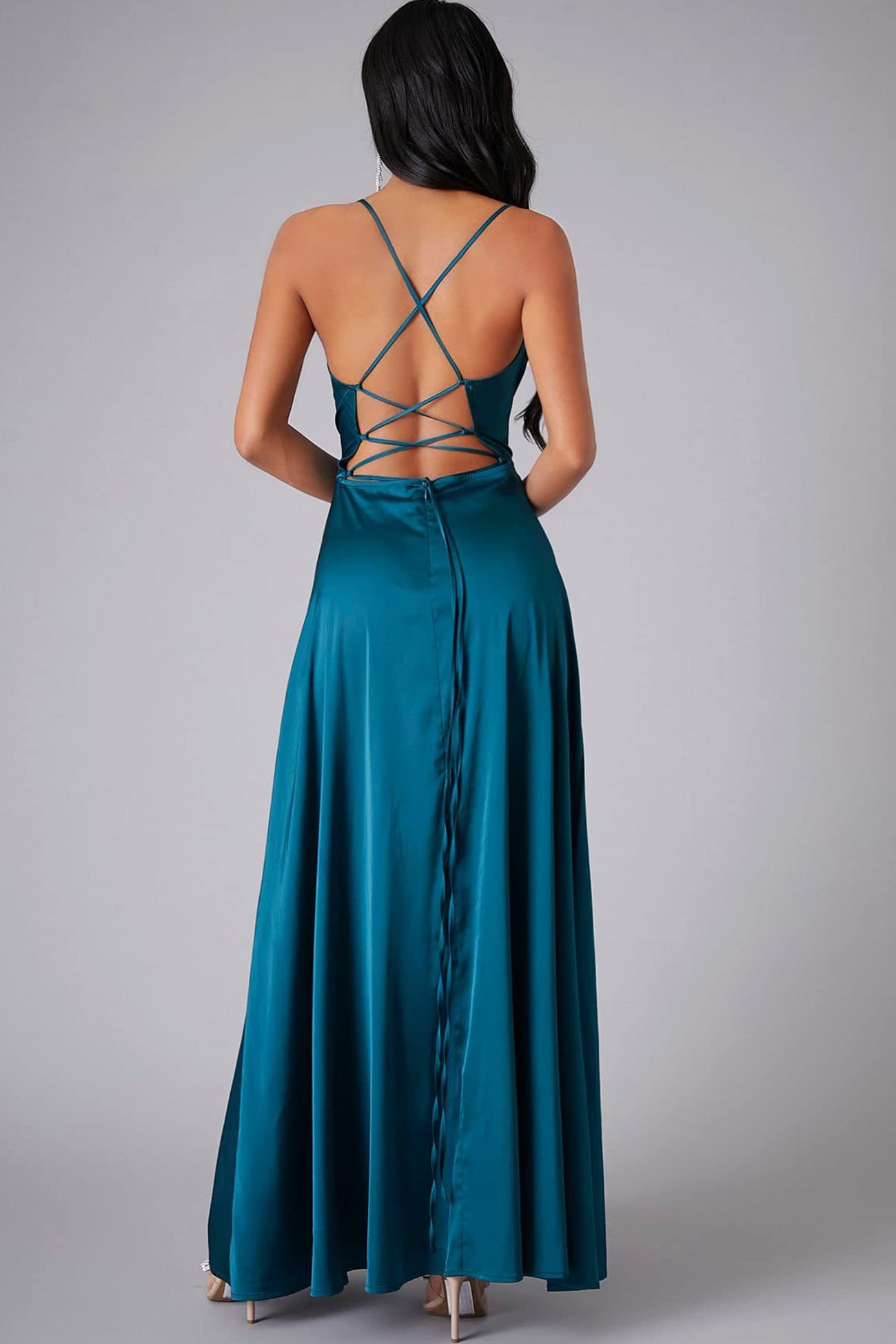 Satin Cowl Neck Tie Up Backless Slit Dress