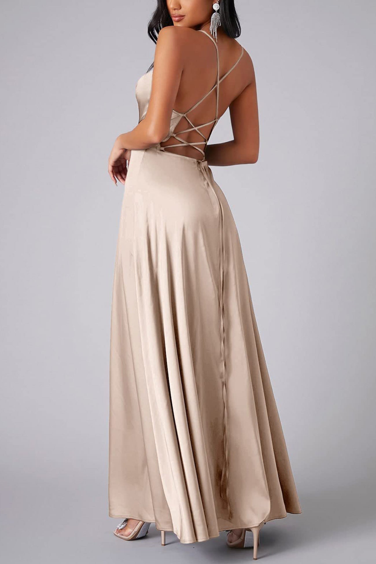 Satin Cowl Neck Tie Up Backless Slit Dress