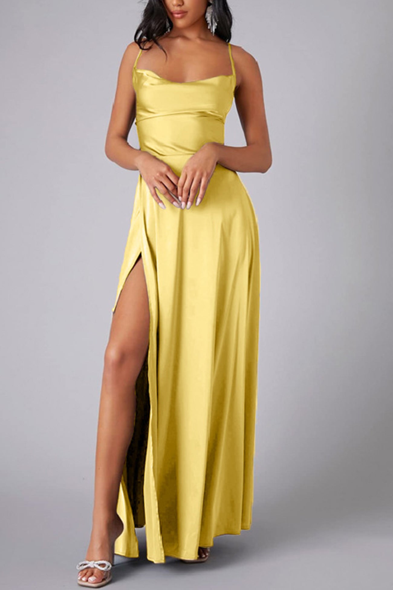 Satin Cowl Neck Tie Up Backless Slit Dress