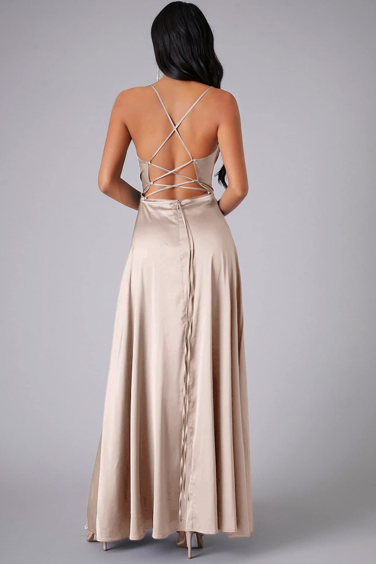 Satin Cowl Neck Tie Up Backless Slit Dress