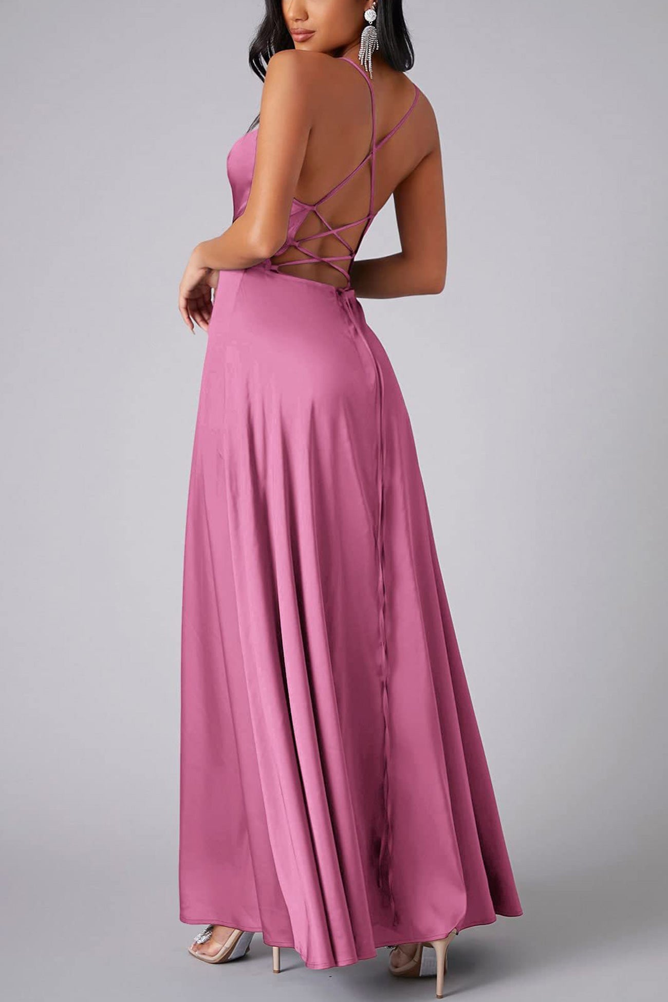 Satin Cowl Neck Tie Up Backless Slit Dress