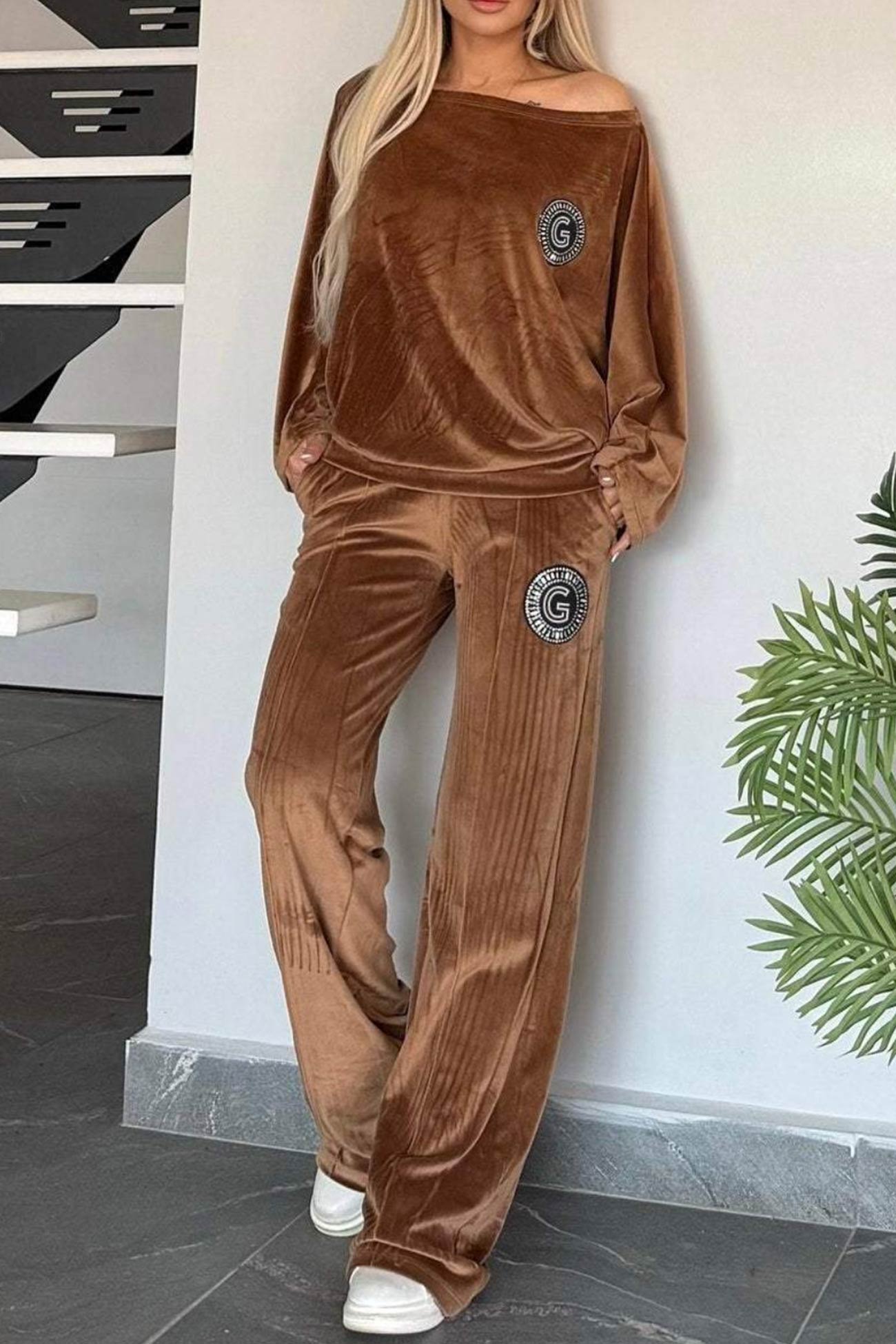 Suede Bat Sleeve Two Piece Outfit Set