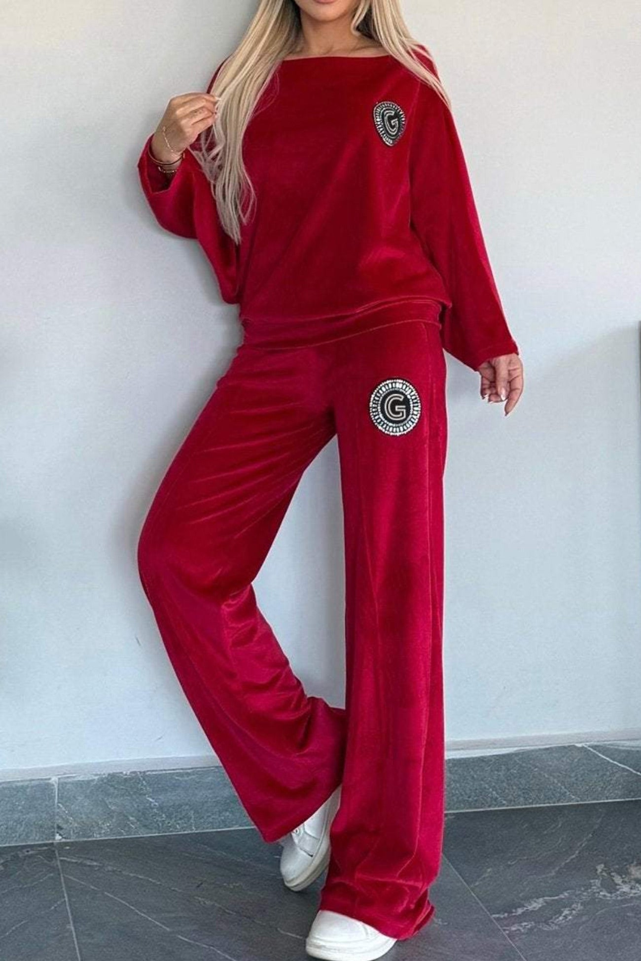 Suede Bat Sleeve Two Piece Outfit Set