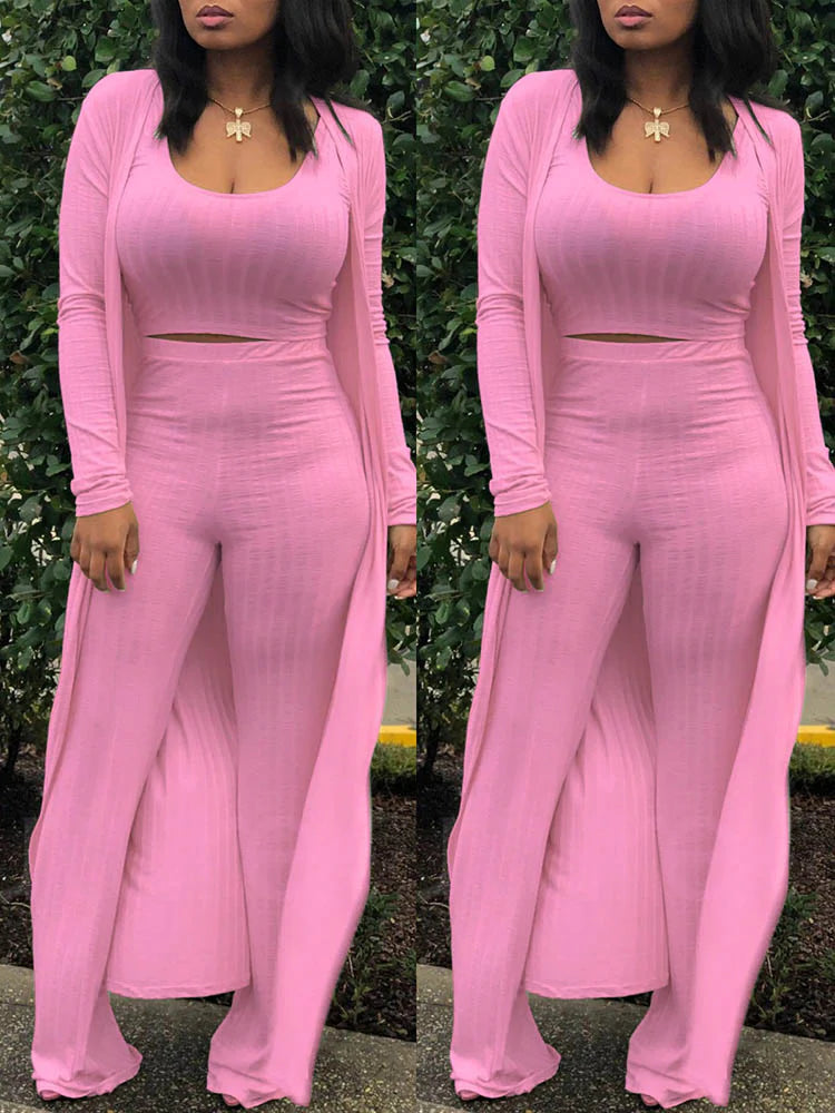 3PC Ribbed Cardigan Tank Pants Set