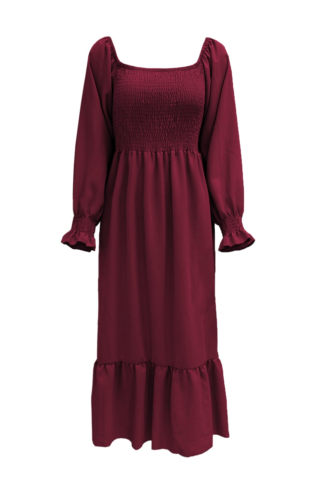 Puff Sleeve Smocked Ruffle Midi Dress