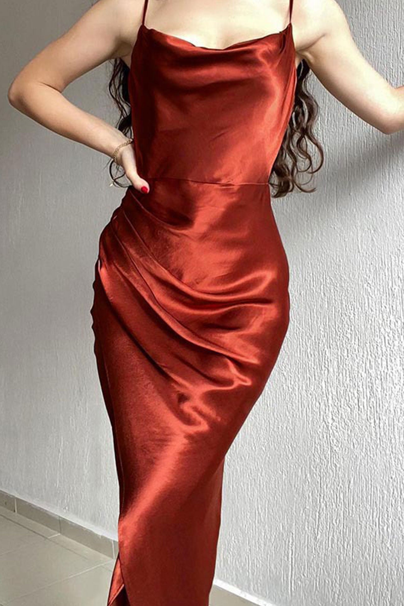 Satin Low Cut Slit Cami Dress
