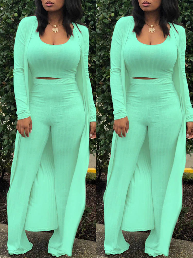3PC Ribbed Cardigan Tank Pants Set