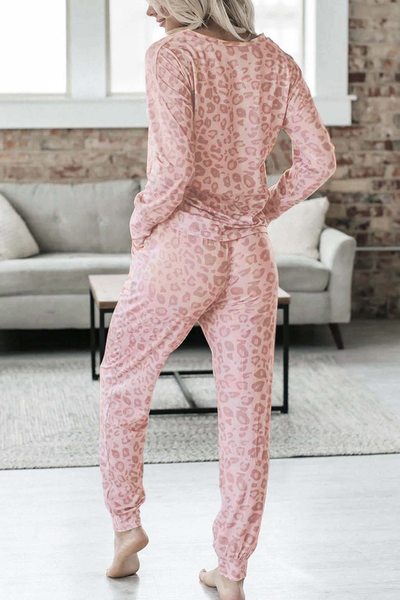 Leopard Print V Neck Long Sleeve Loungewear Set
