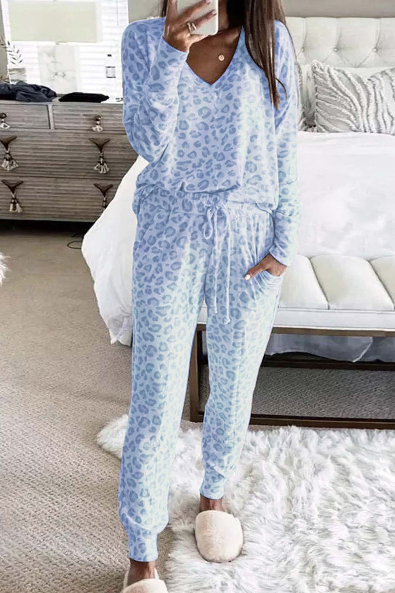 Leopard Print V Neck Long Sleeve Loungewear Set