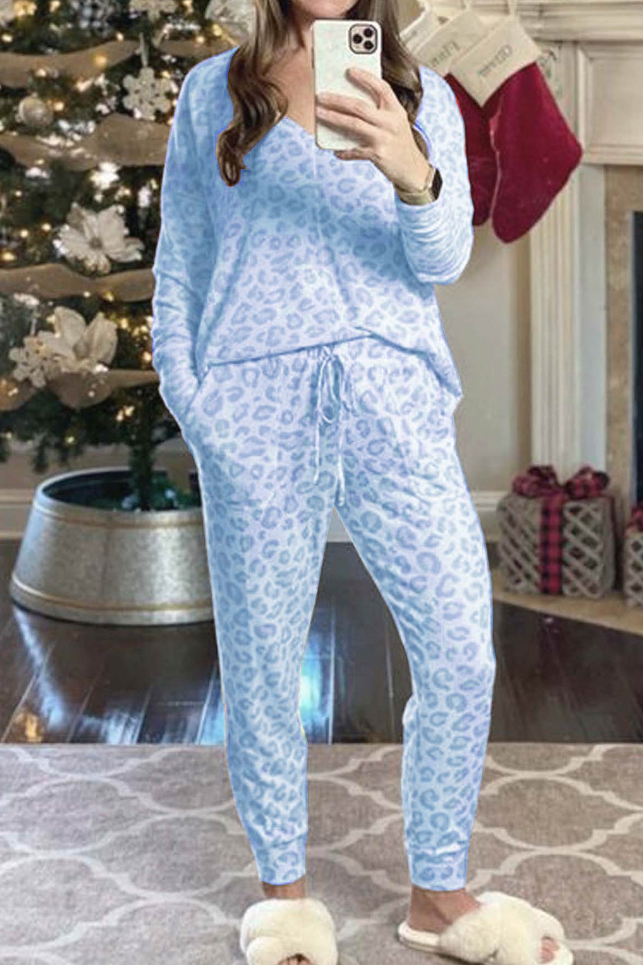 Leopard Print V Neck Long Sleeve Loungewear Set
