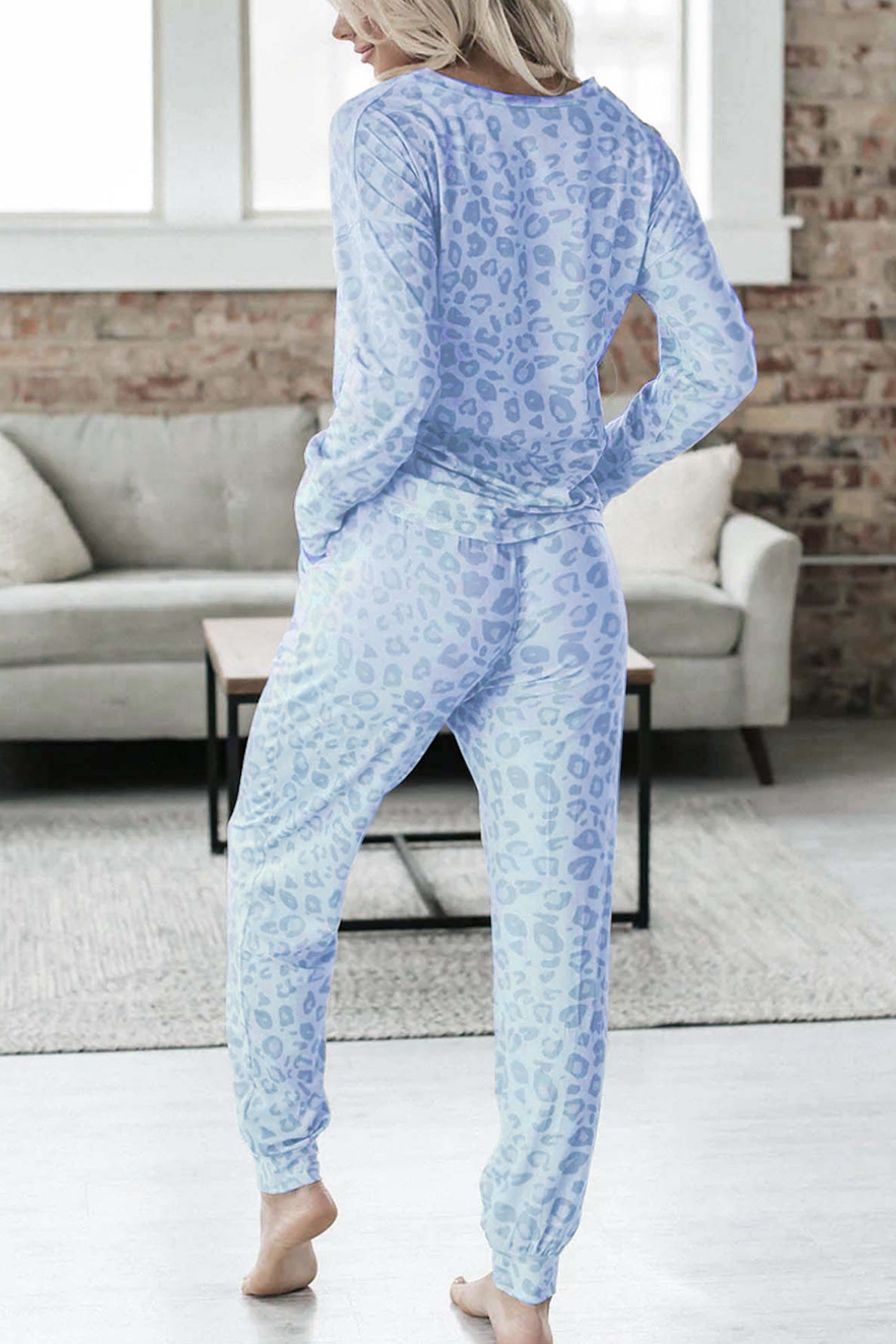 Leopard Print V Neck Long Sleeve Loungewear Set