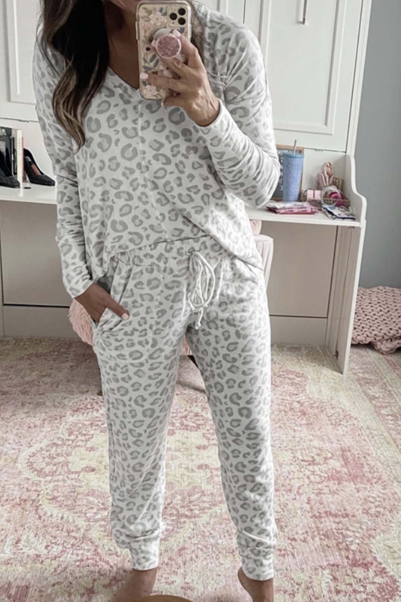 Leopard Print V Neck Long Sleeve Loungewear Set