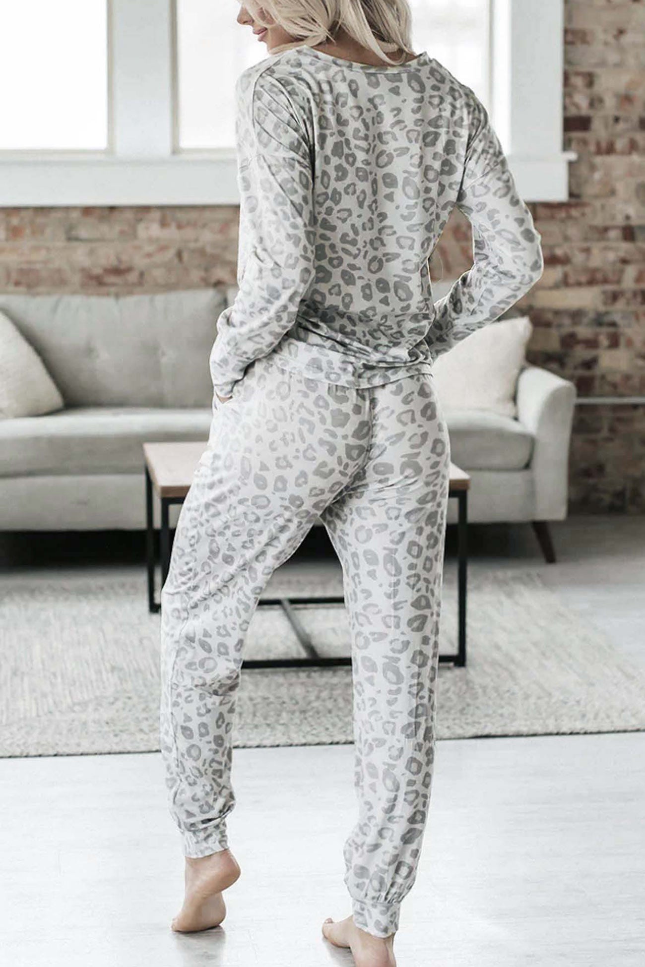 Leopard Print V Neck Long Sleeve Loungewear Set