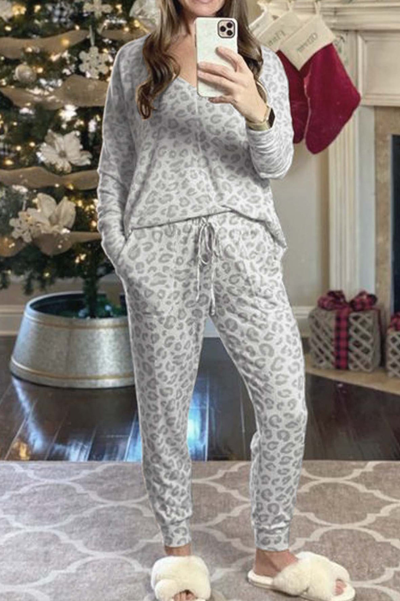 Leopard Print V Neck Long Sleeve Loungewear Set