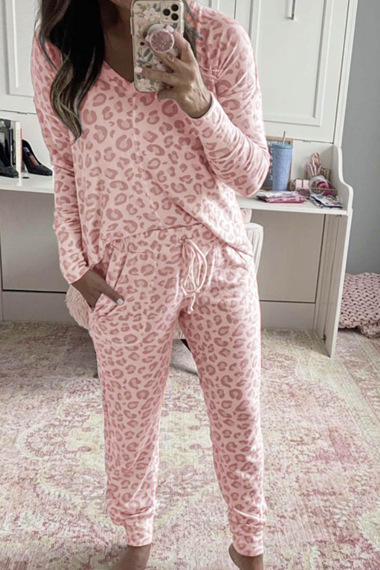 Leopard Print V Neck Long Sleeve Loungewear Set