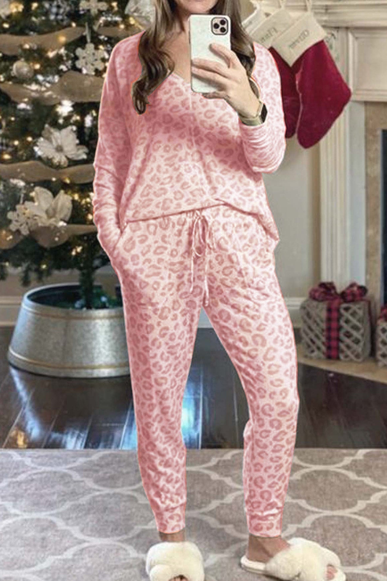 Leopard Print V Neck Long Sleeve Loungewear Set
