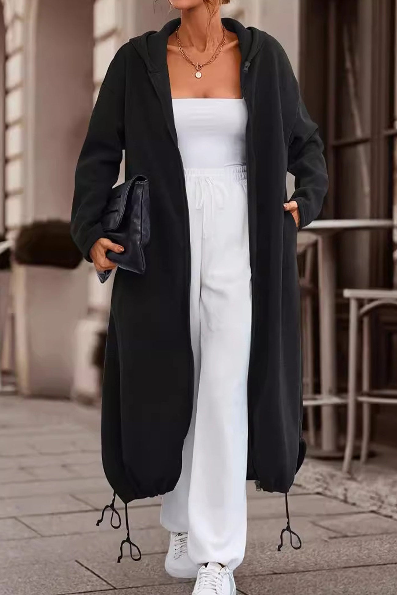 Zip Up Drawstring Hem Long Hoodie