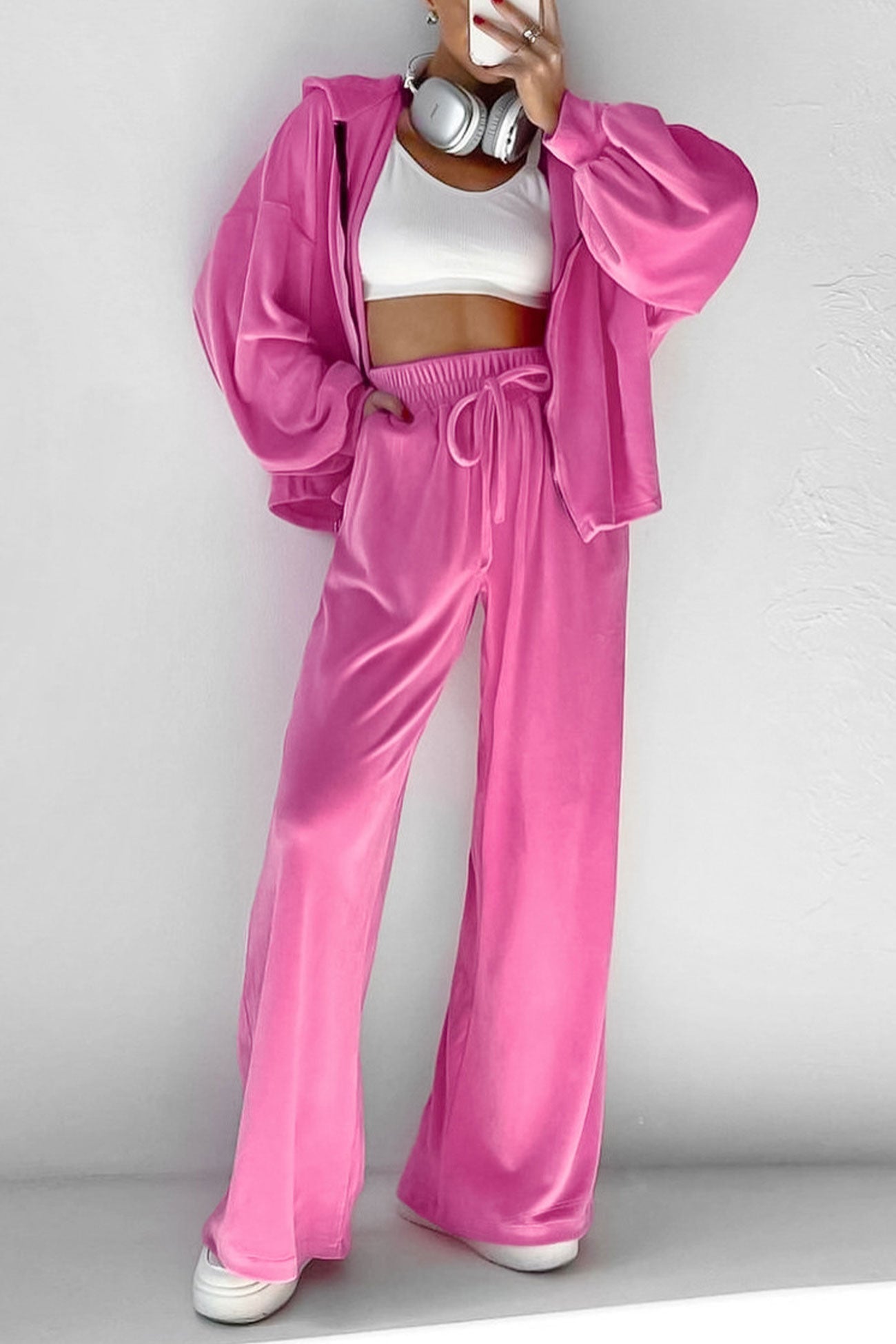 Velvet Hooded Zipper Two Piece Sweatpants Set
