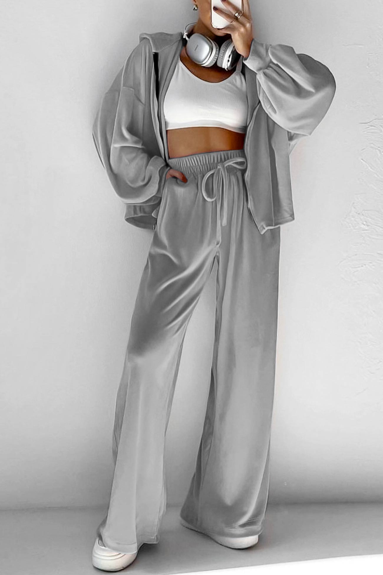 Velvet Hooded Zipper Two Piece Sweatpants Set