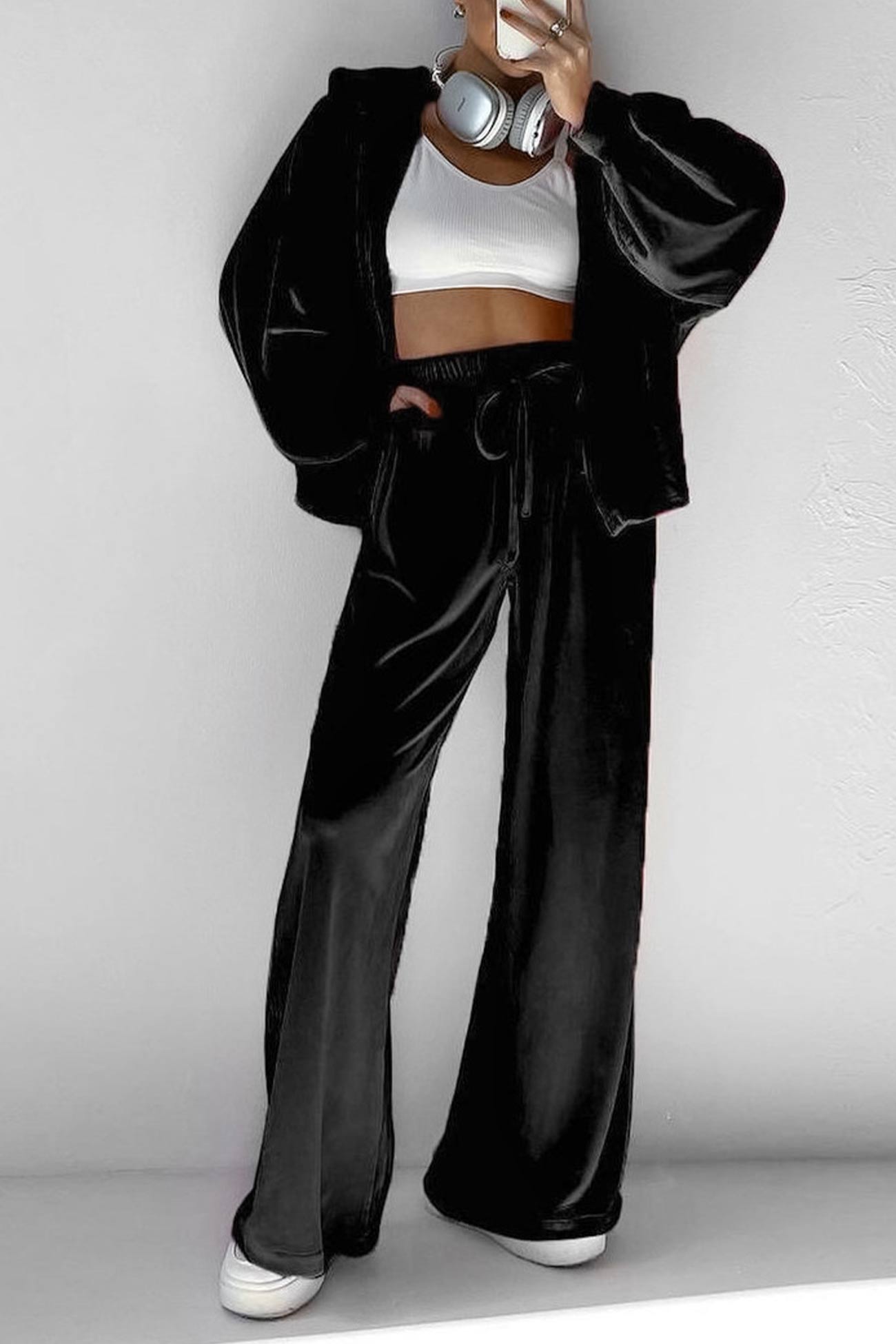 Velvet Hooded Zipper Two Piece Sweatpants Set
