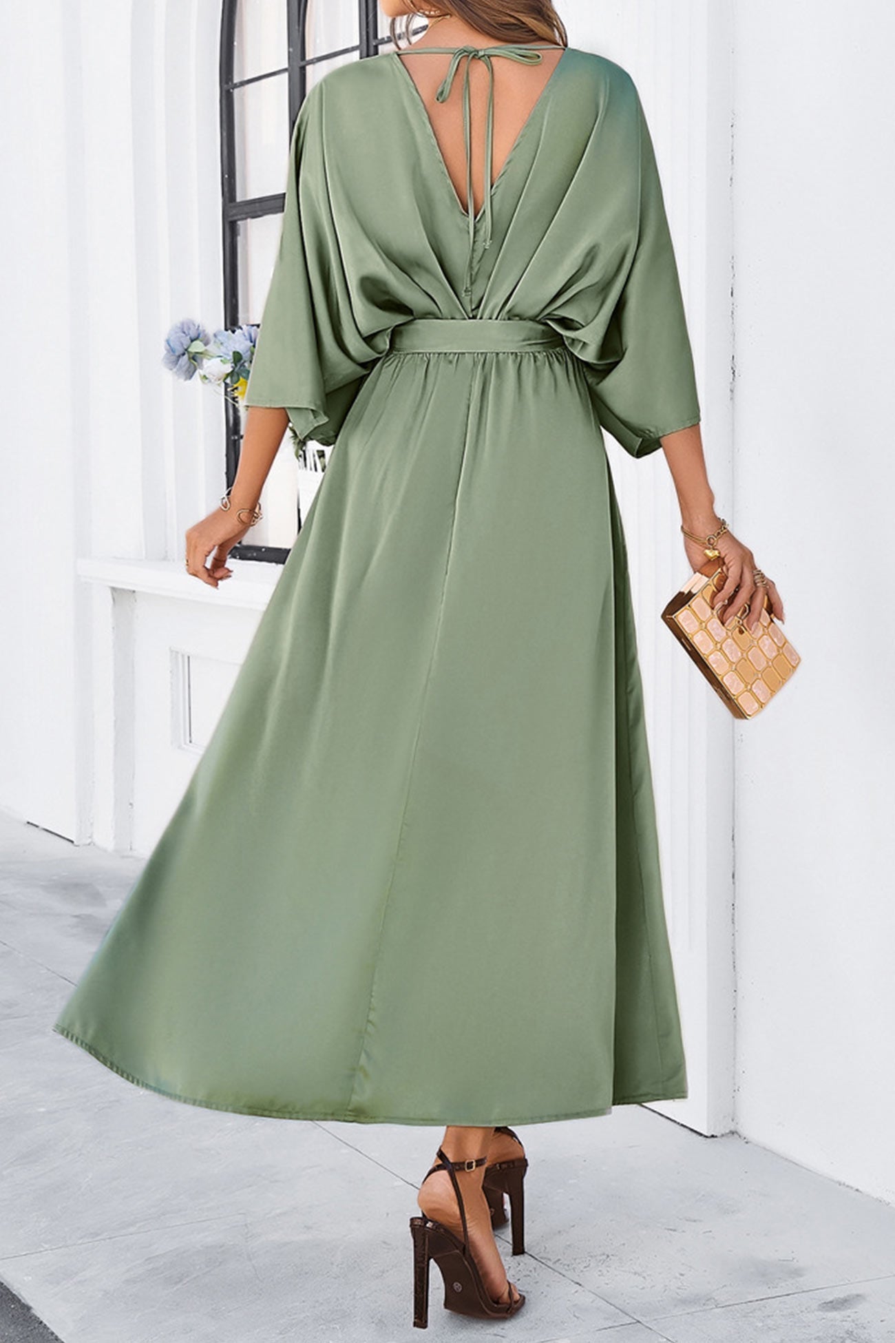 V Neck Tie Waist Slit Dress