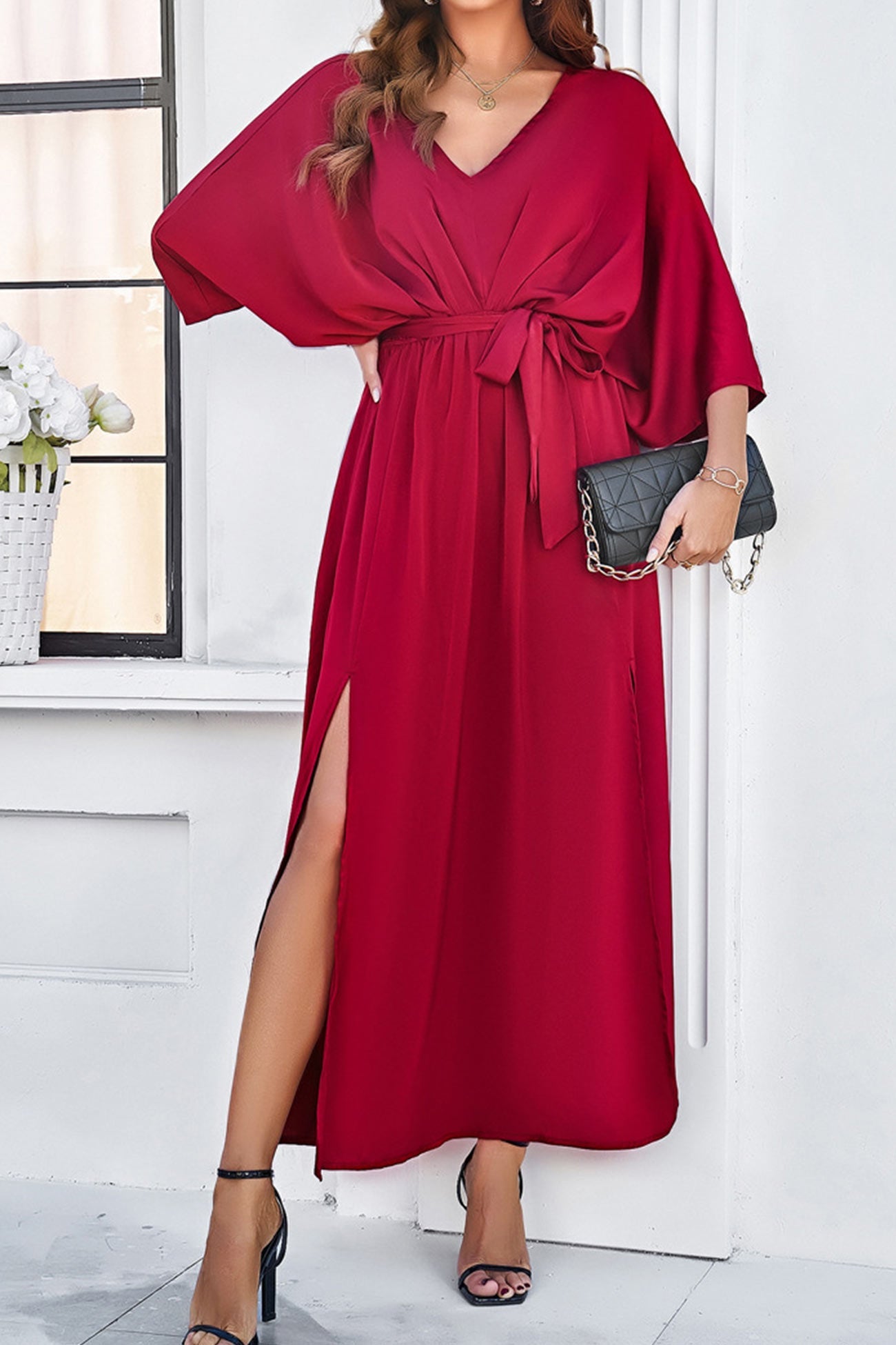 V Neck Tie Waist Slit Dress