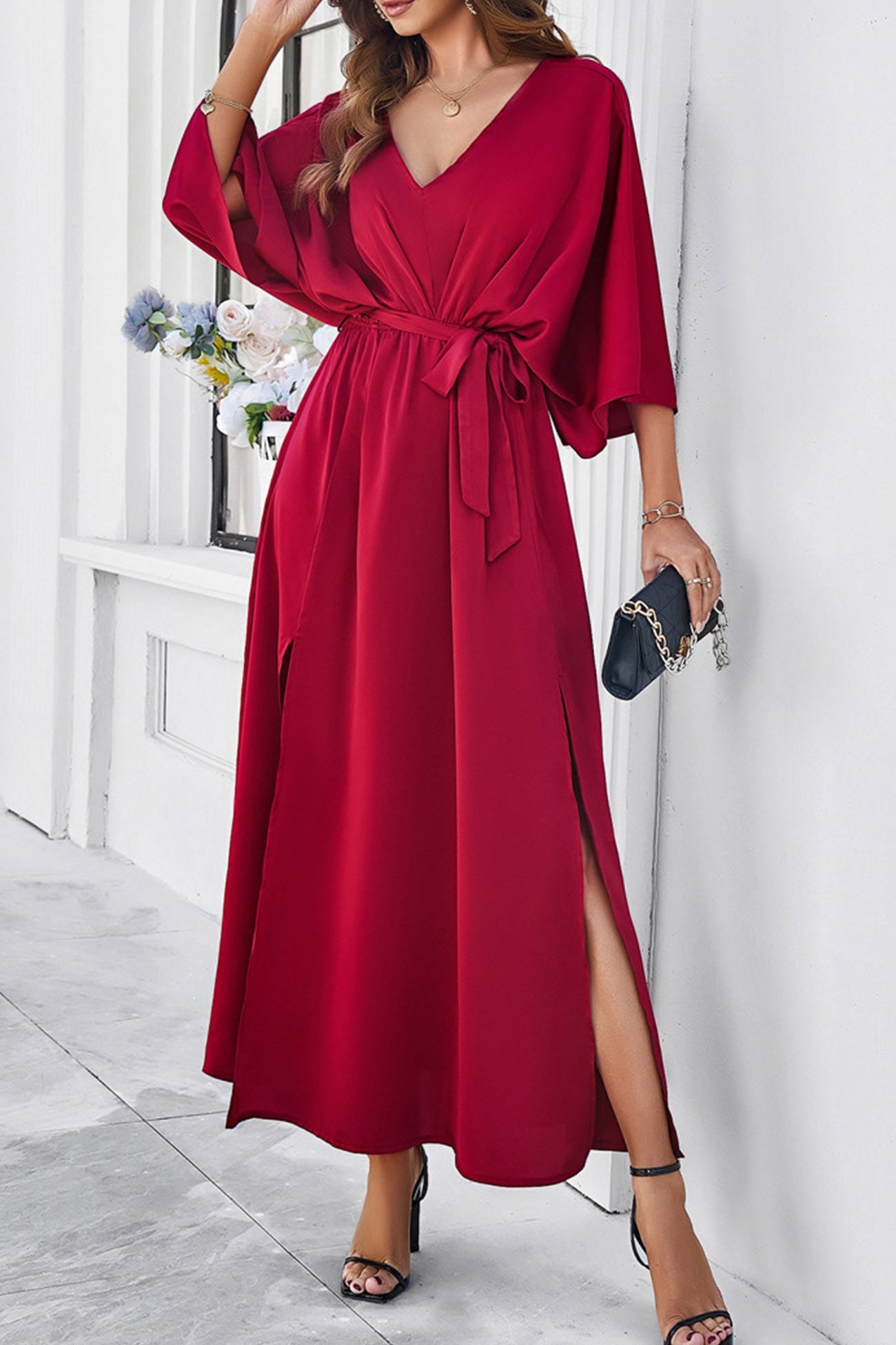 V Neck Tie Waist Slit Dress