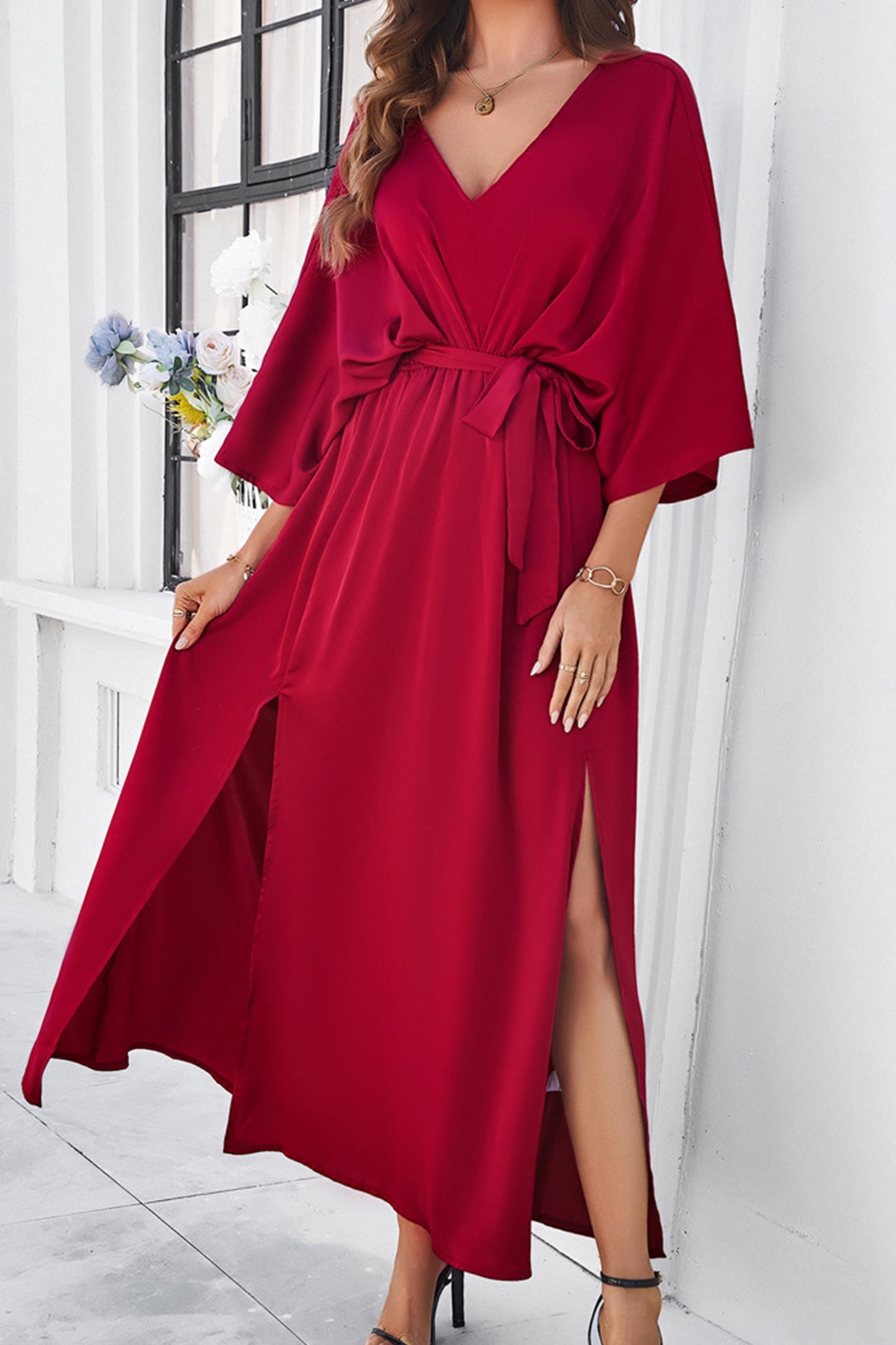 V Neck Tie Waist Slit Dress