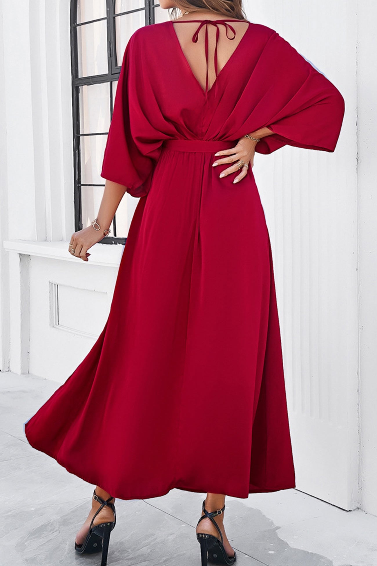 V Neck Tie Waist Slit Dress