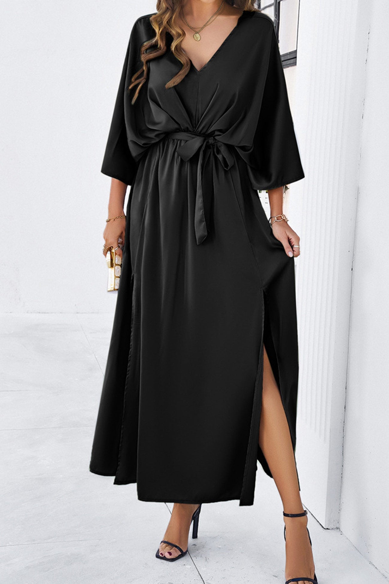V Neck Tie Waist Slit Dress