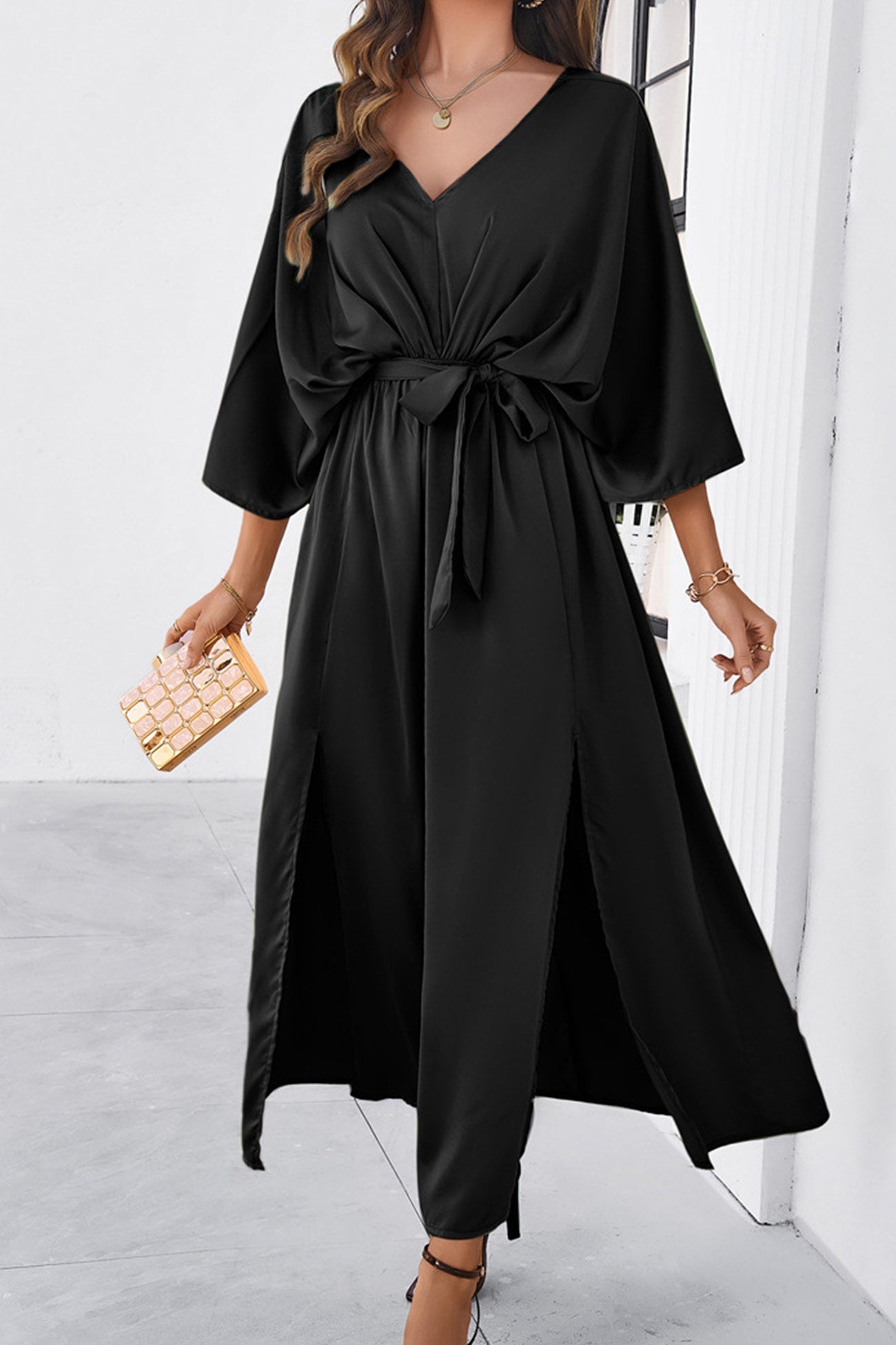 V Neck Tie Waist Slit Dress