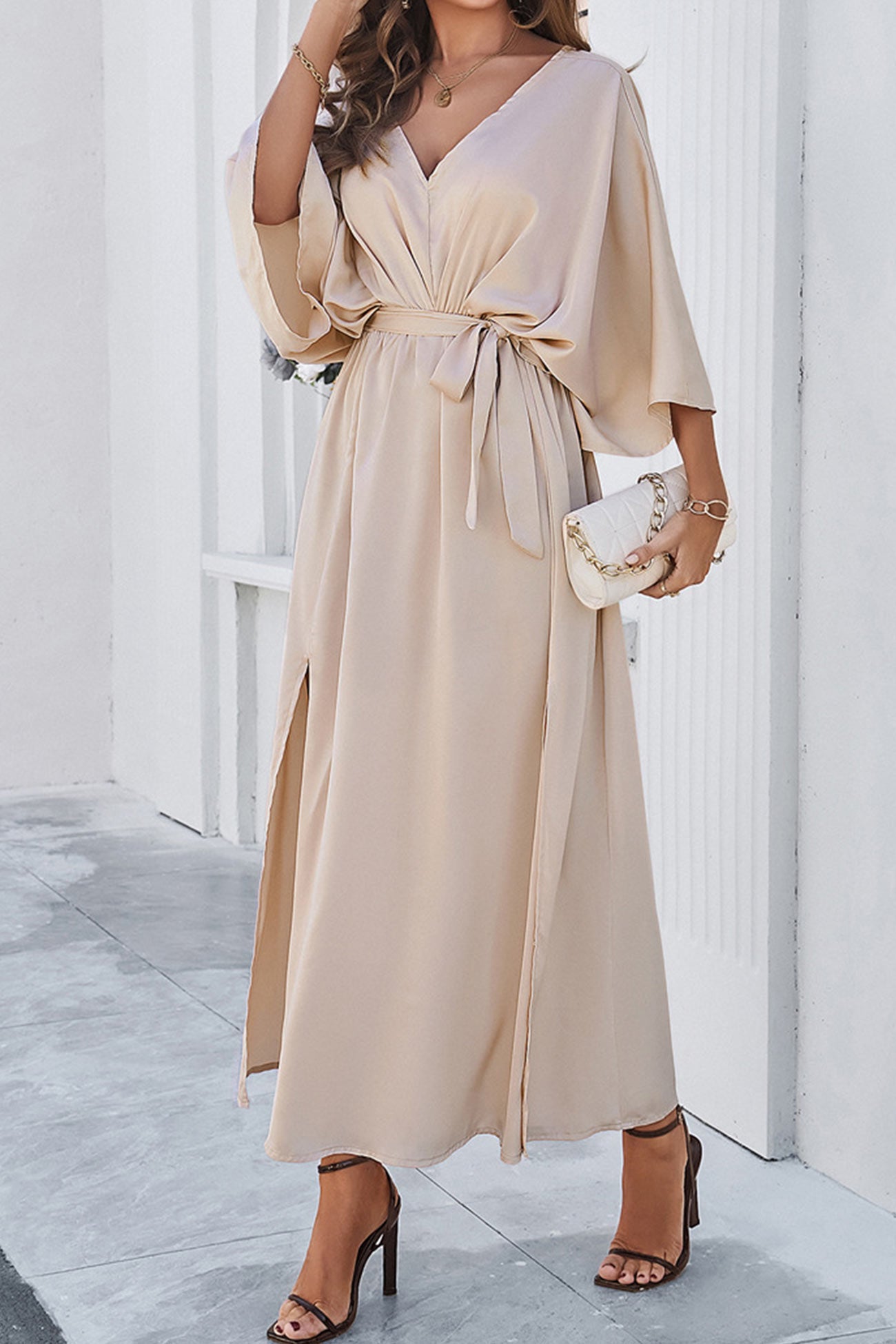 V Neck Tie Waist Slit Dress