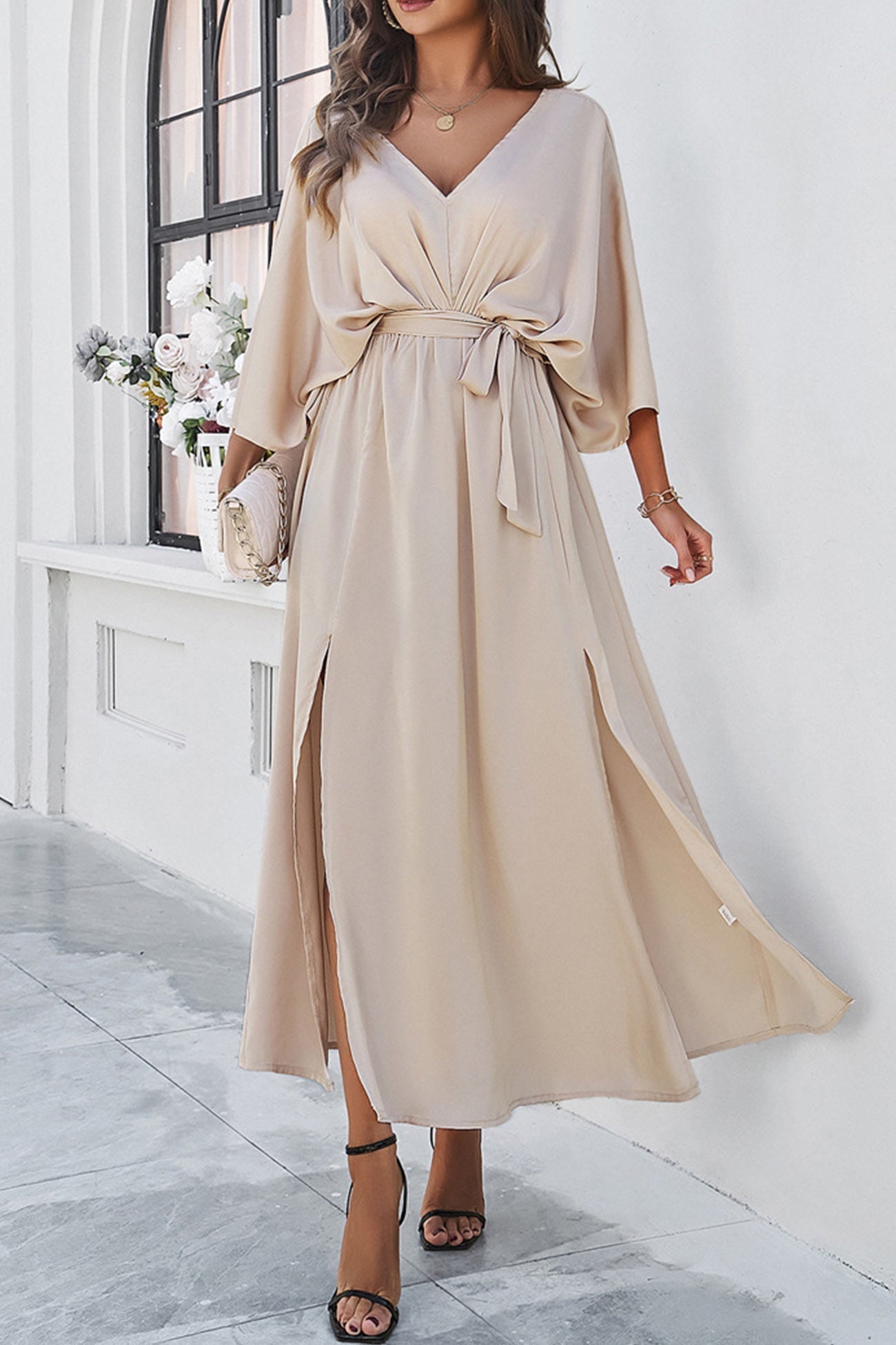 V Neck Tie Waist Slit Dress